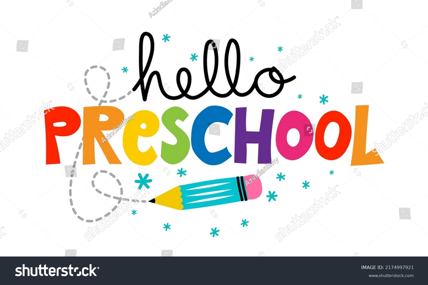 SVG of Hello Preschool with childish colorful pencil - typography design. Good for clothes, gift sets, photos or motivation posters. Welcome back to school sign. svg