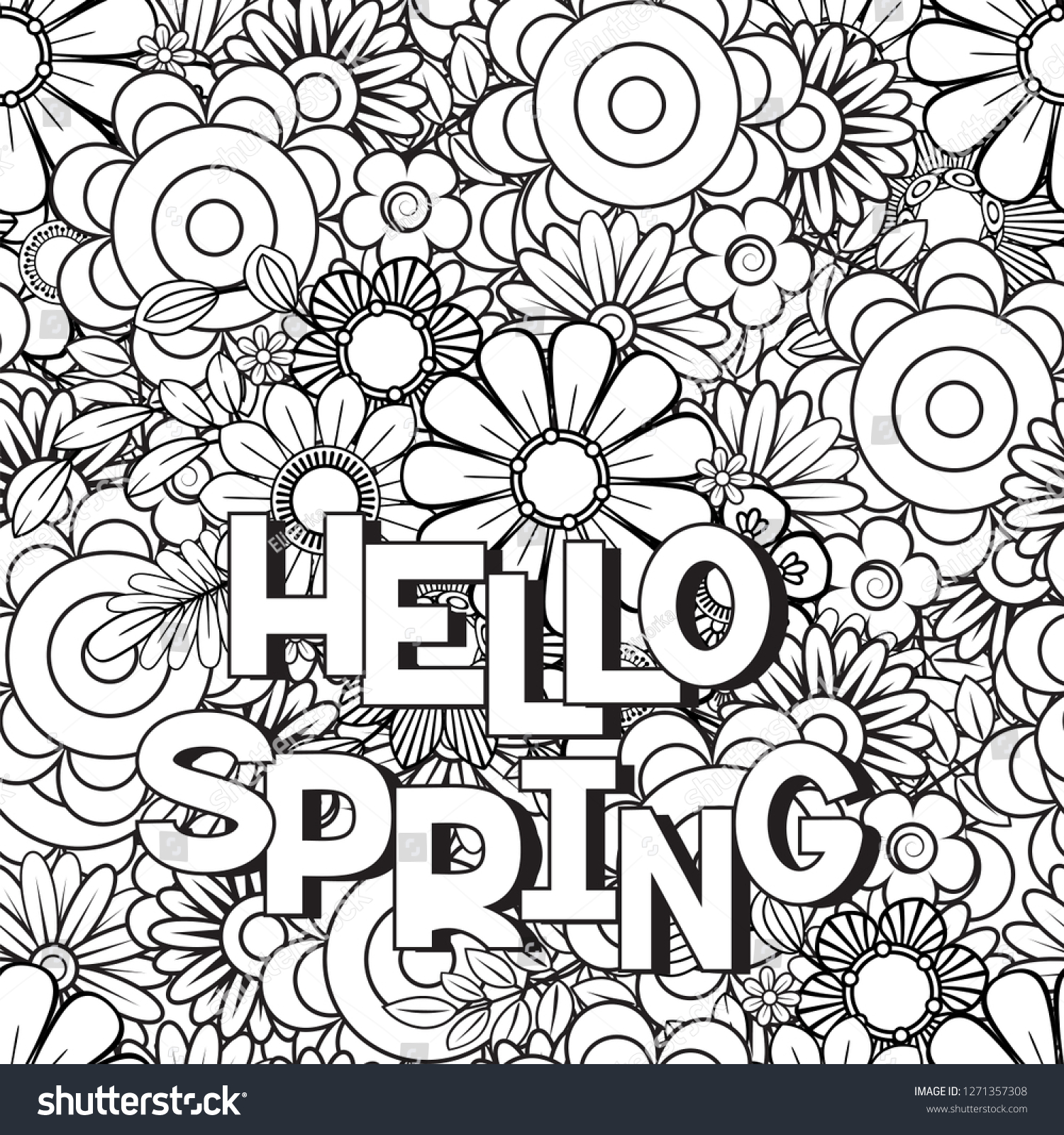 Hello Spring Coloring Page Beautiful Flowers Stock Vector (Royalty Free ...