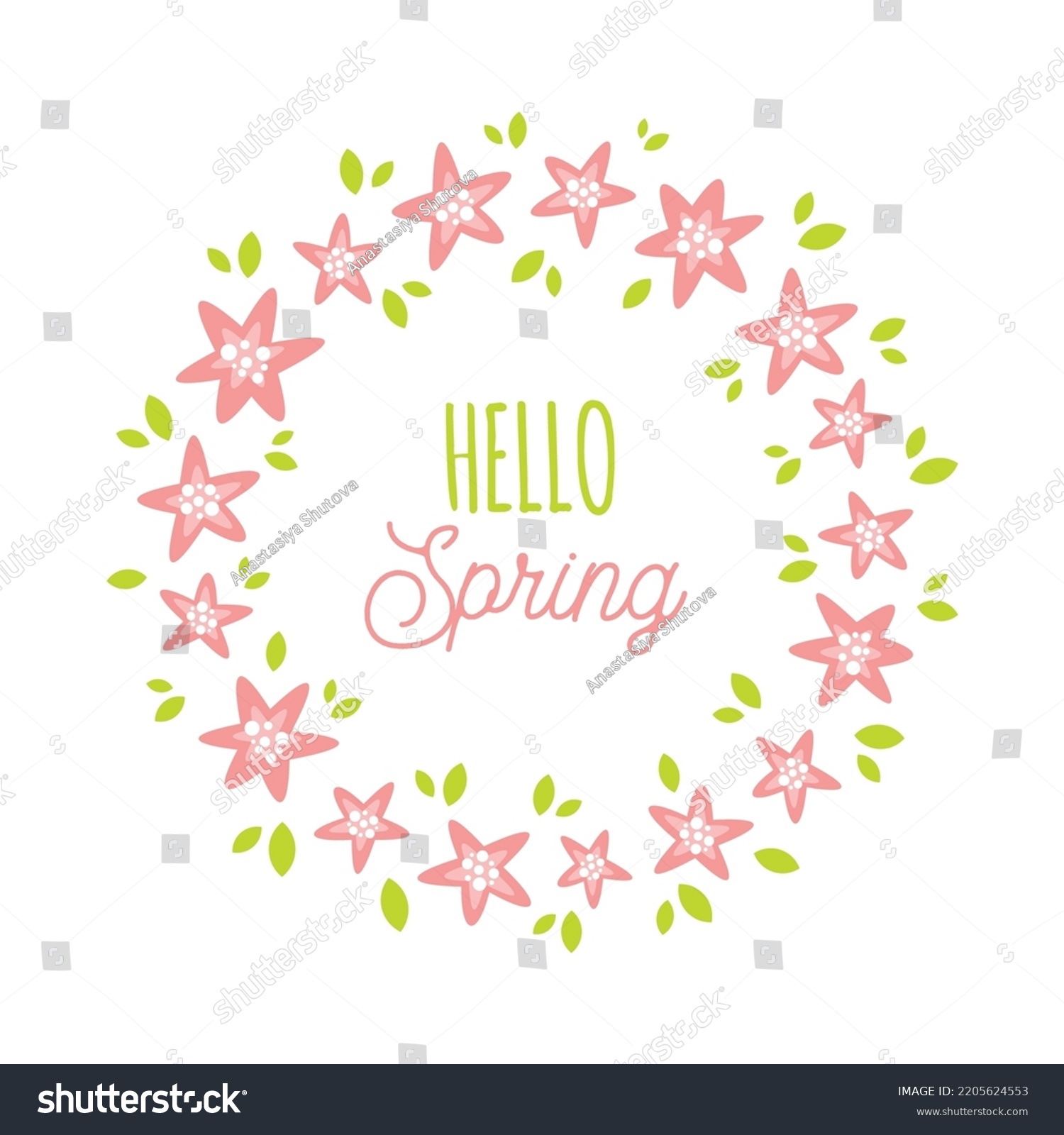 SVG of Hello Spring floral wreath Svg cut file. Vector illustration isolated on white background. Hello spring round sign or card. Cute hand drawn flowers and leaves svg