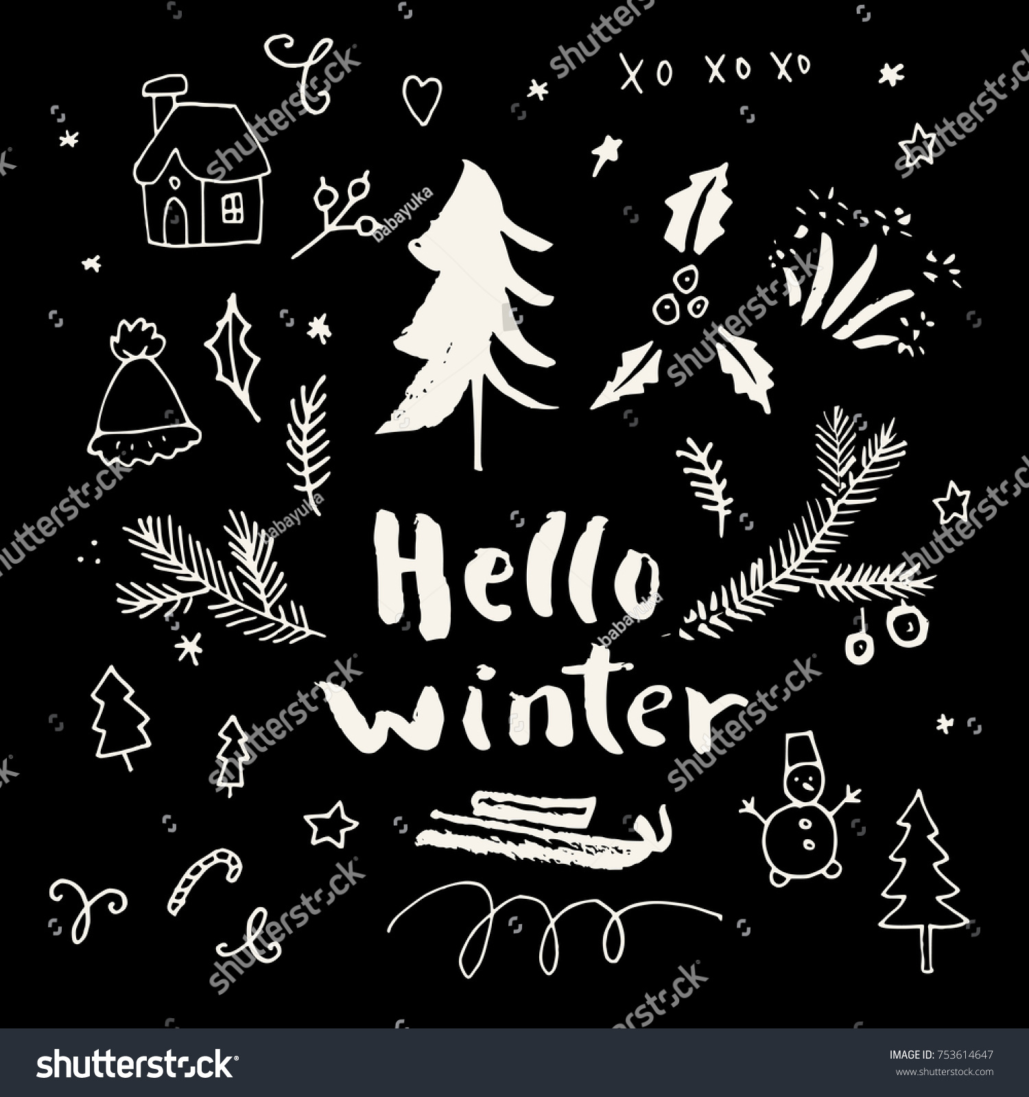 Hello Winter Merry Christmas and Holiday Season calligraphic hand drawn greeting card in black and
