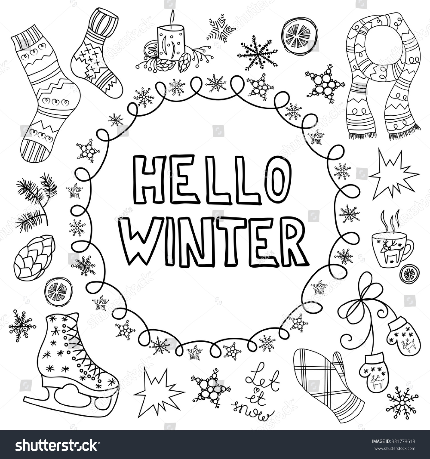 Hello Winter. Vector Doodle Frame & Winter Symbols 