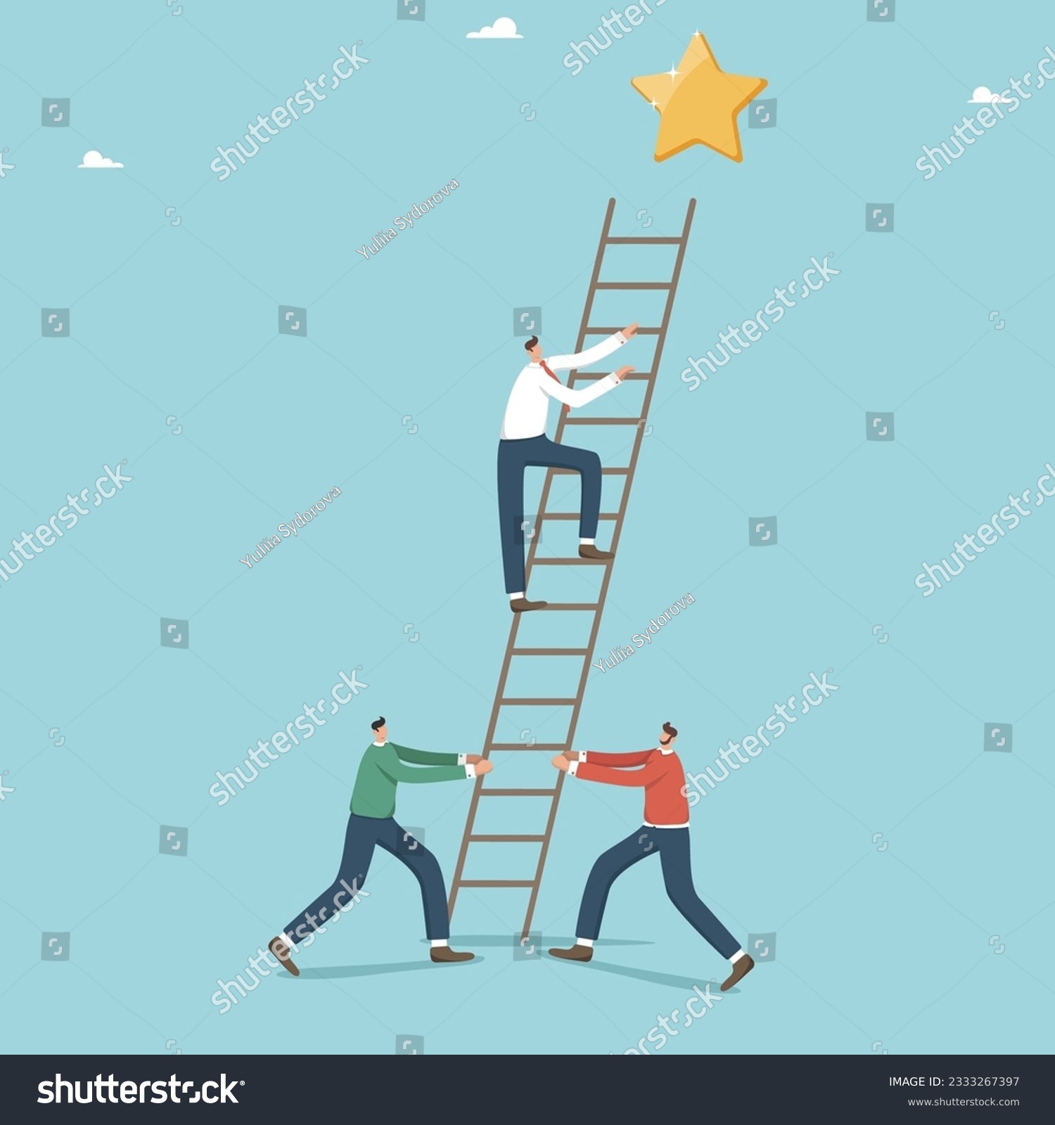 SVG of Help and cooperation to achieve goals and success, teamwork for highest result in work, brainstorming to create business ideas or strategies, men hold a ladder while their friend climbs up to star. svg