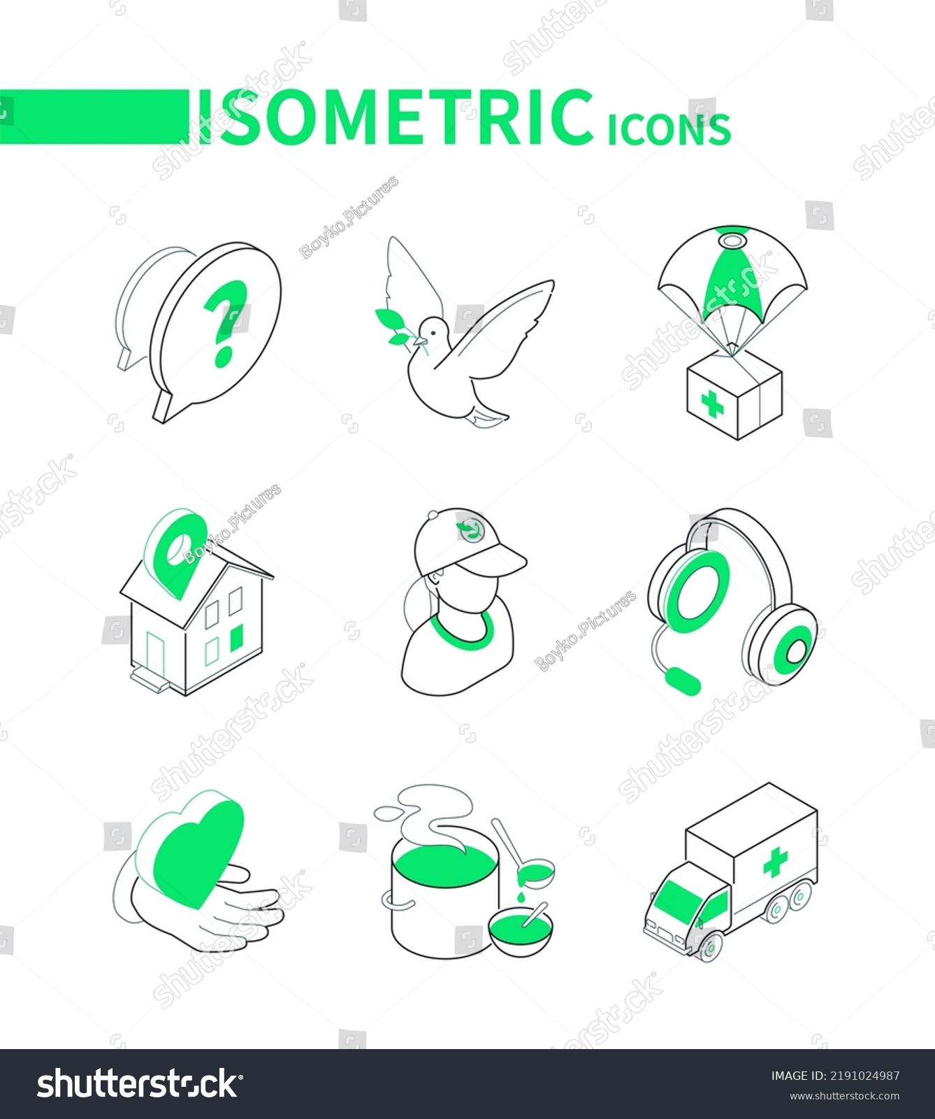 SVG of Help from volunteers and charity - modern line isometric icons set with editable stroke. Support for refugees and needy, dove of peace, first aid, shelter, morale, love, food for homeless, ambulance svg