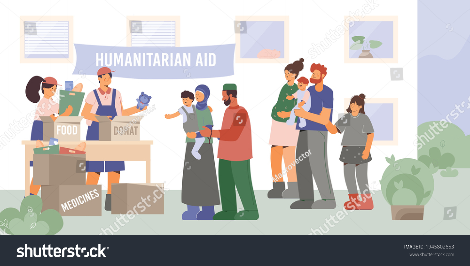 SVG of Help poor family composition with outdoor scenery and group of volunteers giving humanitarian aid to needy vector illustration svg