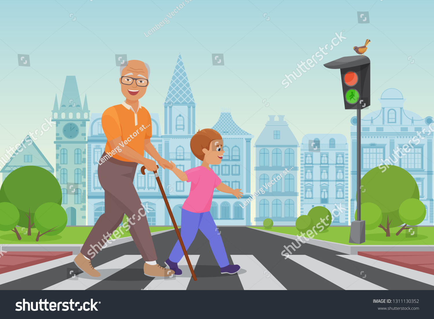 Helping Senior Old Man Little Boy Stock Vector (Royalty Free) 1311130352