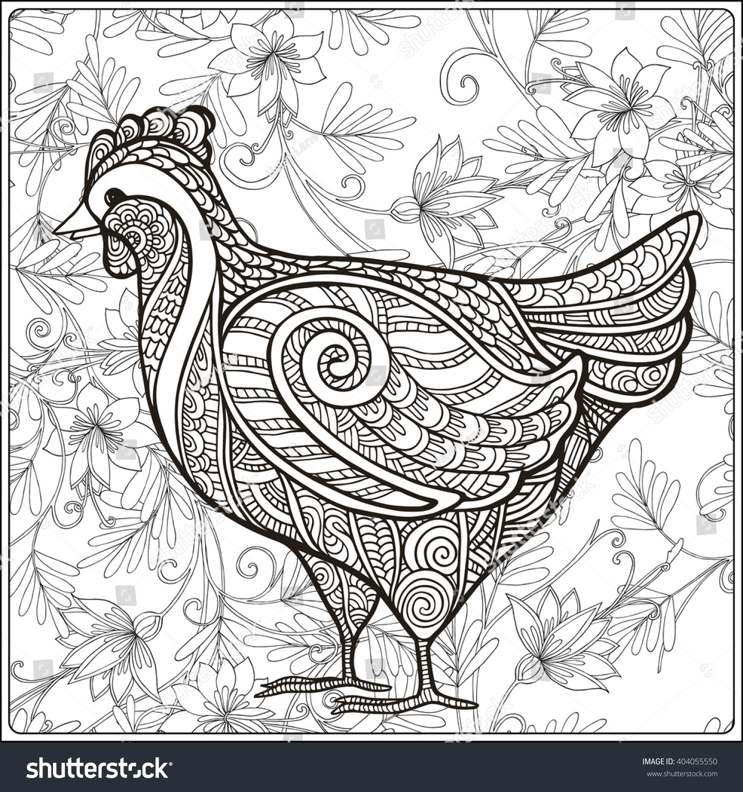 Hen On Floral Background Coloring Book Stock Vector ...