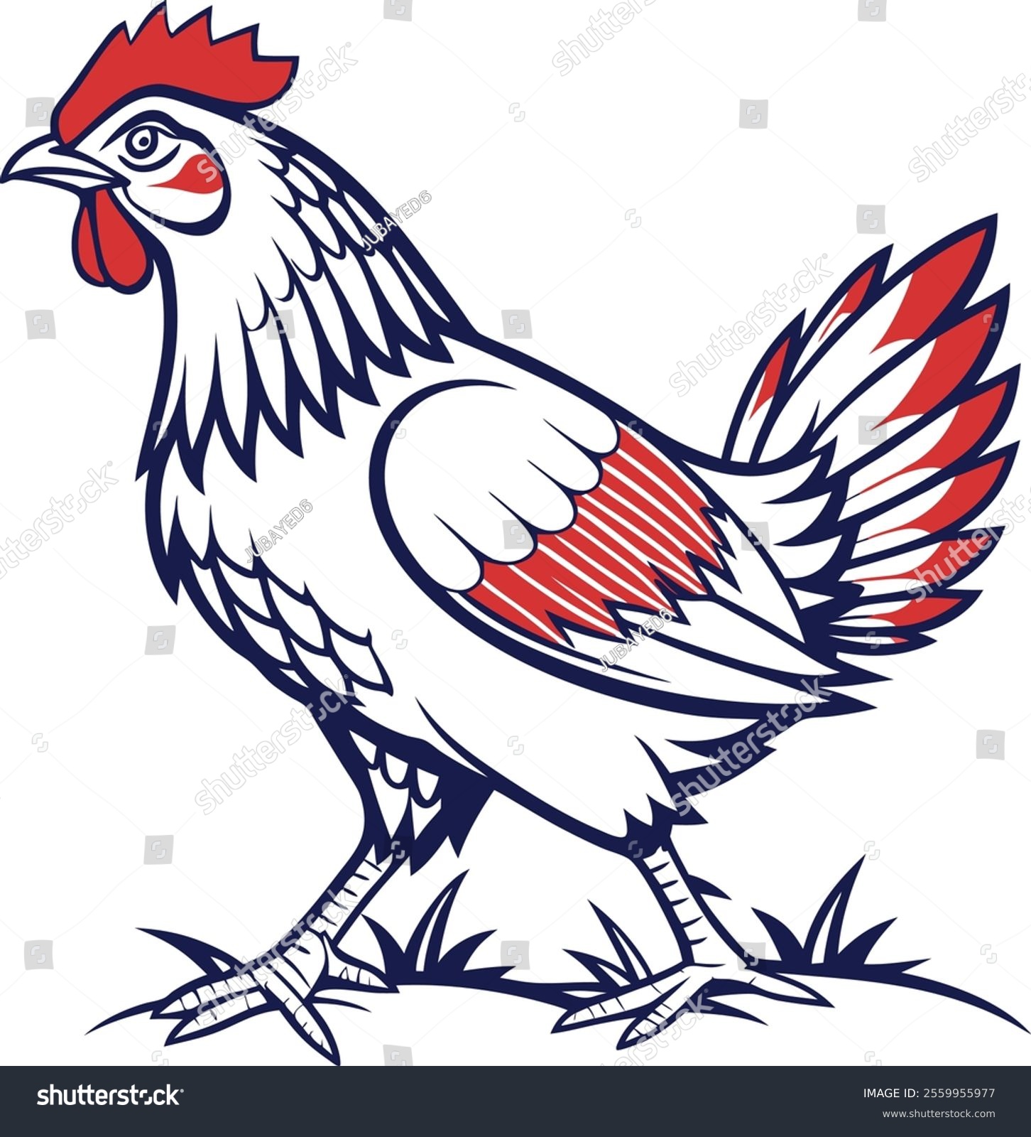 red and white rooster walking on grass clip art preview
