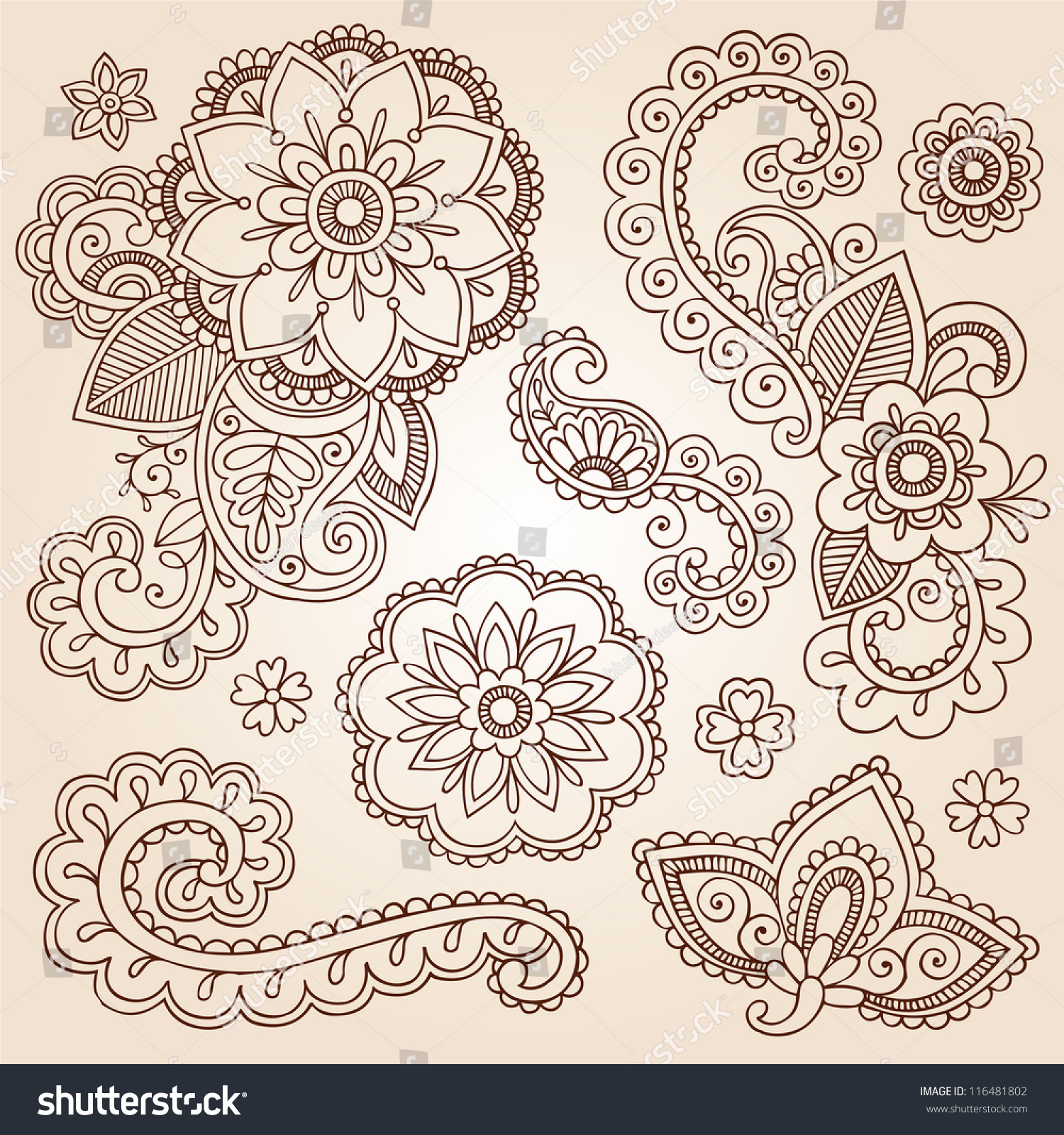 Henna Paisley Flowers Mehndi Tattoo Doodles Set- Abstract Floral Vector ...