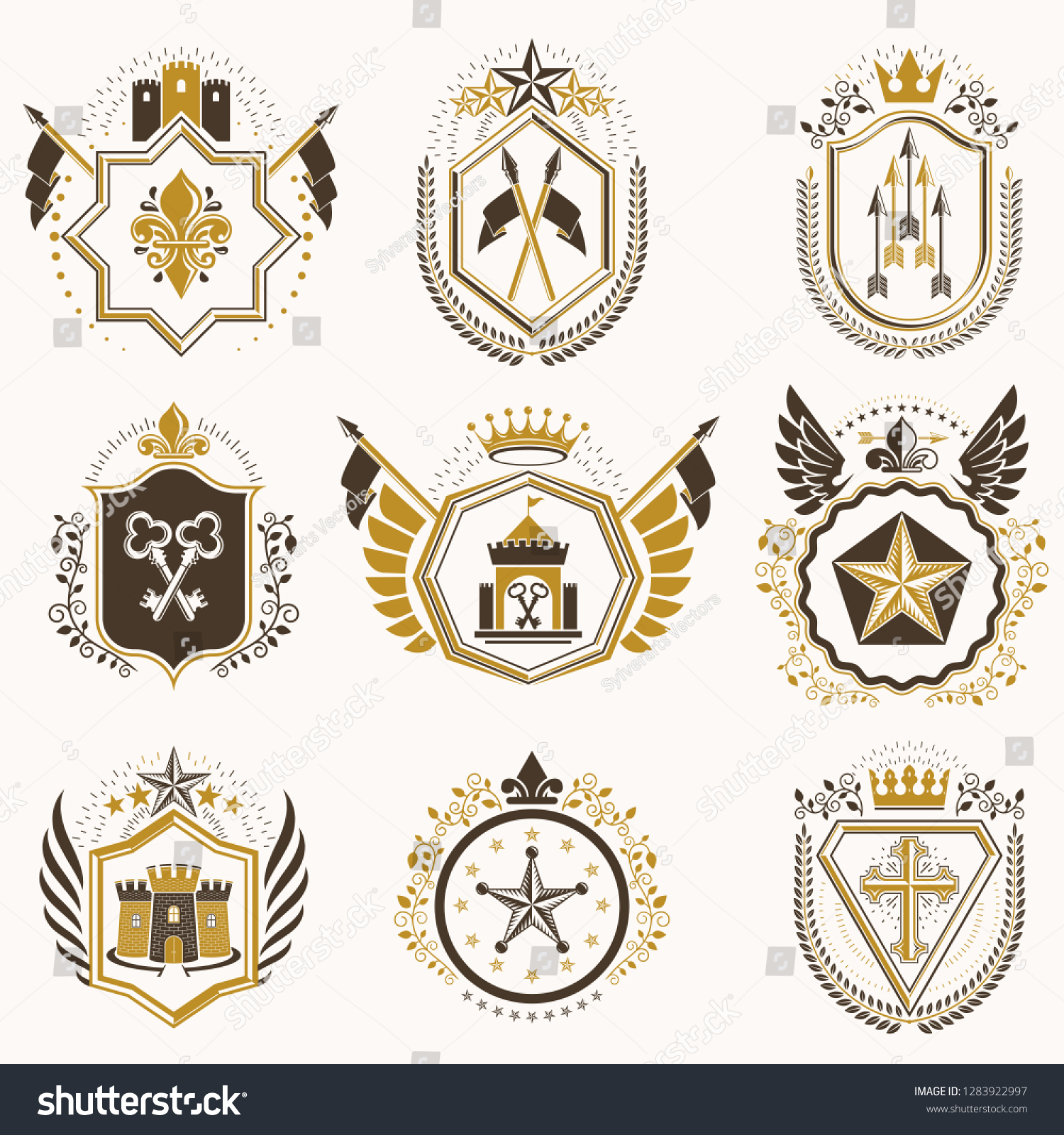 Heraldic Decorative Emblems Made Royal Crowns Stock Vector (Royalty ...