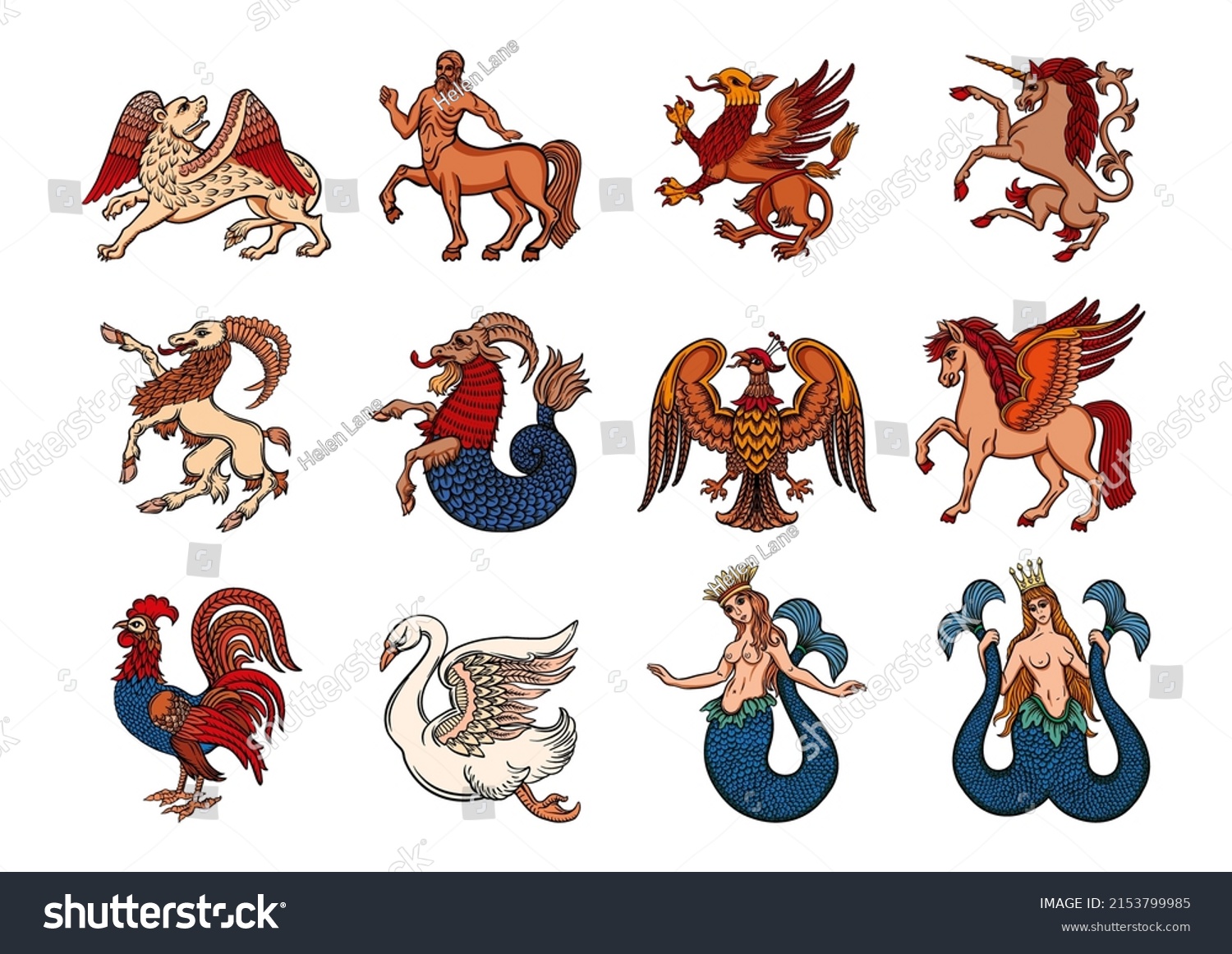 Heraldic Mythical Animals Creatures Traditional Character Stock Vector