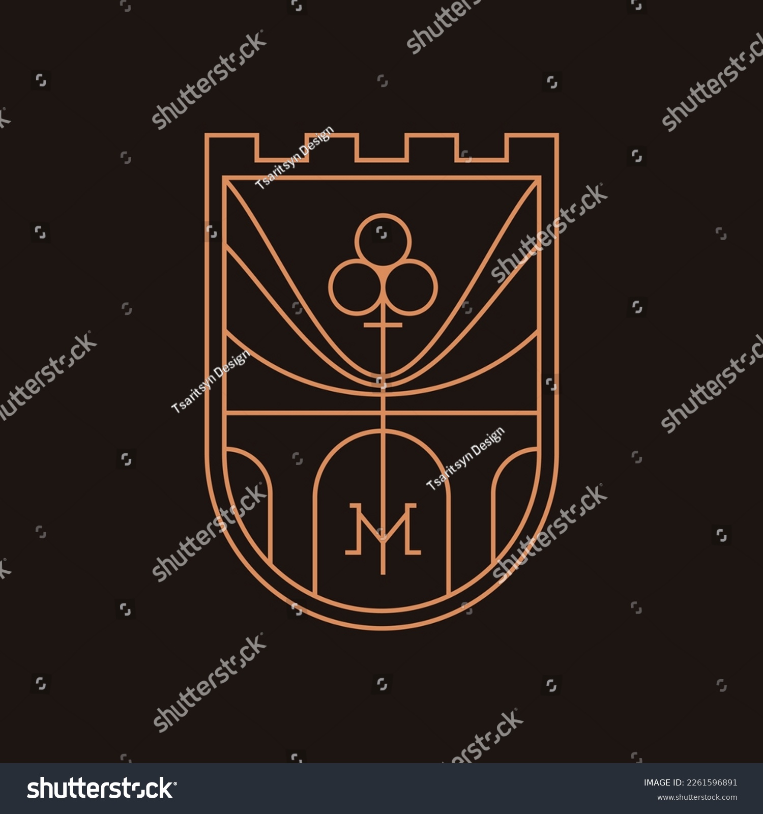 SVG of Heraldic sign with key, fortress, aqueduct, wall, arch, and letter M in minimal outline style svg