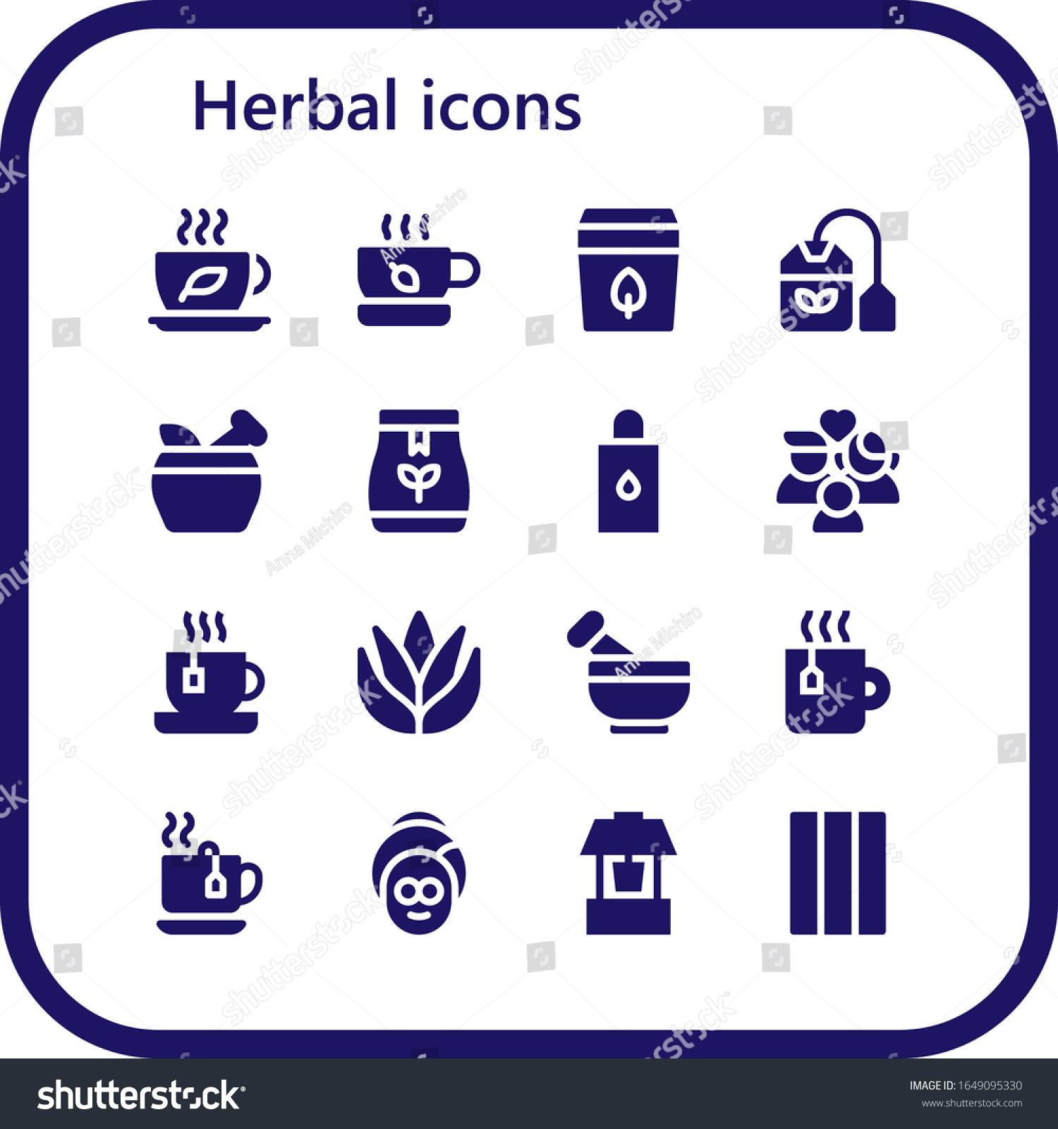 SVG of herbal icon set. 16 filled herbal icons. Included Tea, Tea bag, Mortar, Body oil, Wellness, Aloe vera, Spa, Well, Chewing gum icons svg