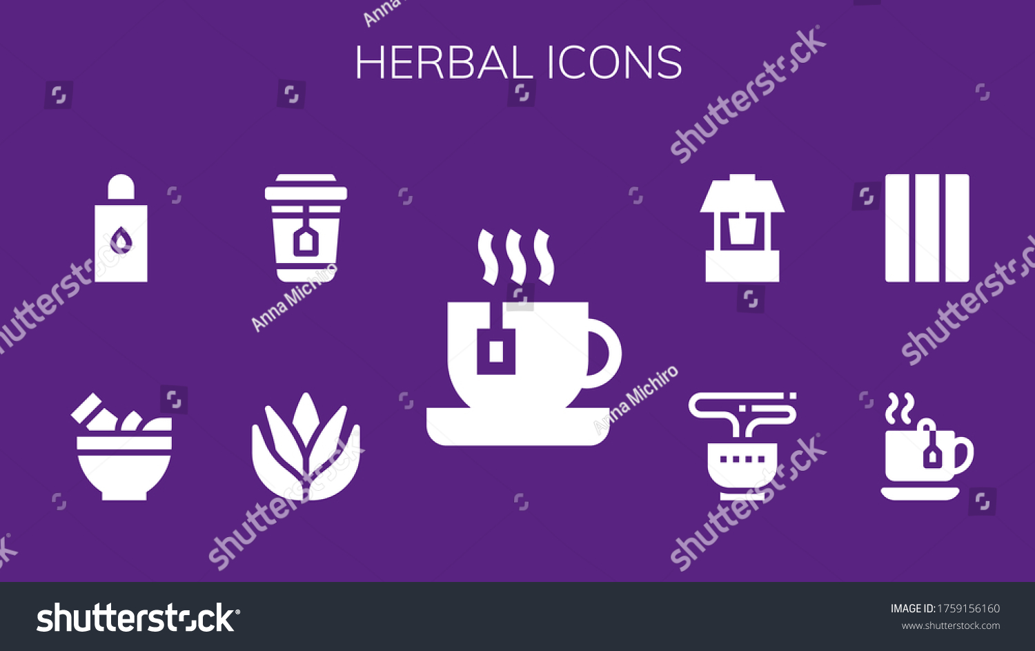 SVG of herbal icon set. 9 filled herbal icons.  Simple modern icons such as: Tea, Aloe vera, Mortar, Body oil, Chewing gum, Well svg