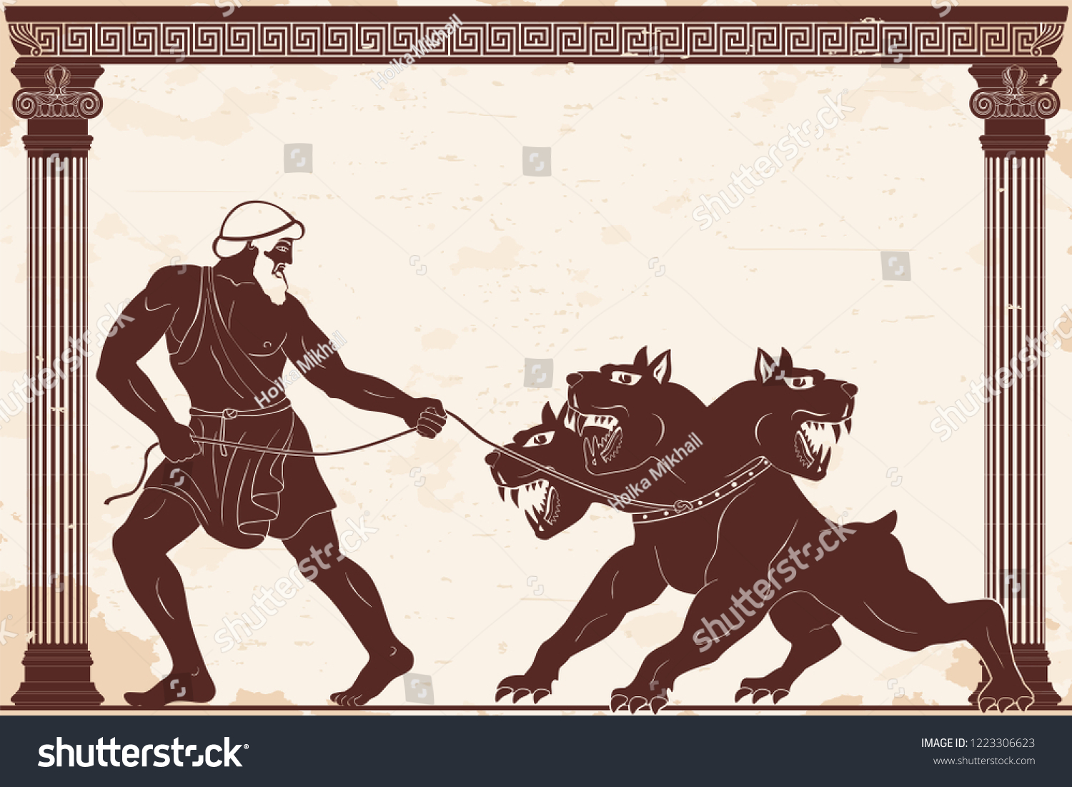 SVG of Hercules abducts Cerberus from Hell. Figure on a beige background with the aging effect. svg