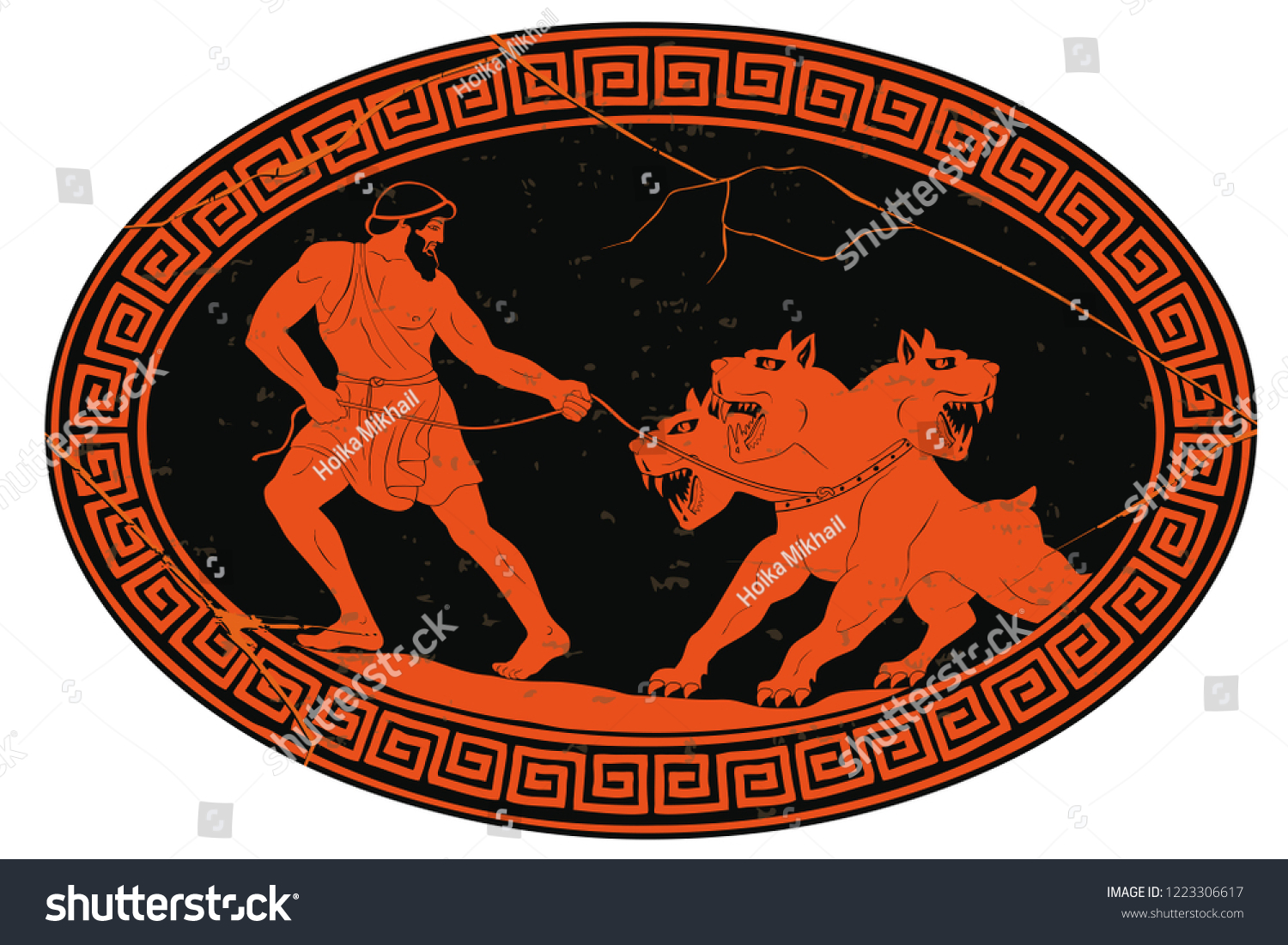 SVG of Hercules abducts Cerberus from Hell. Oval medallion isolated on a white background. svg