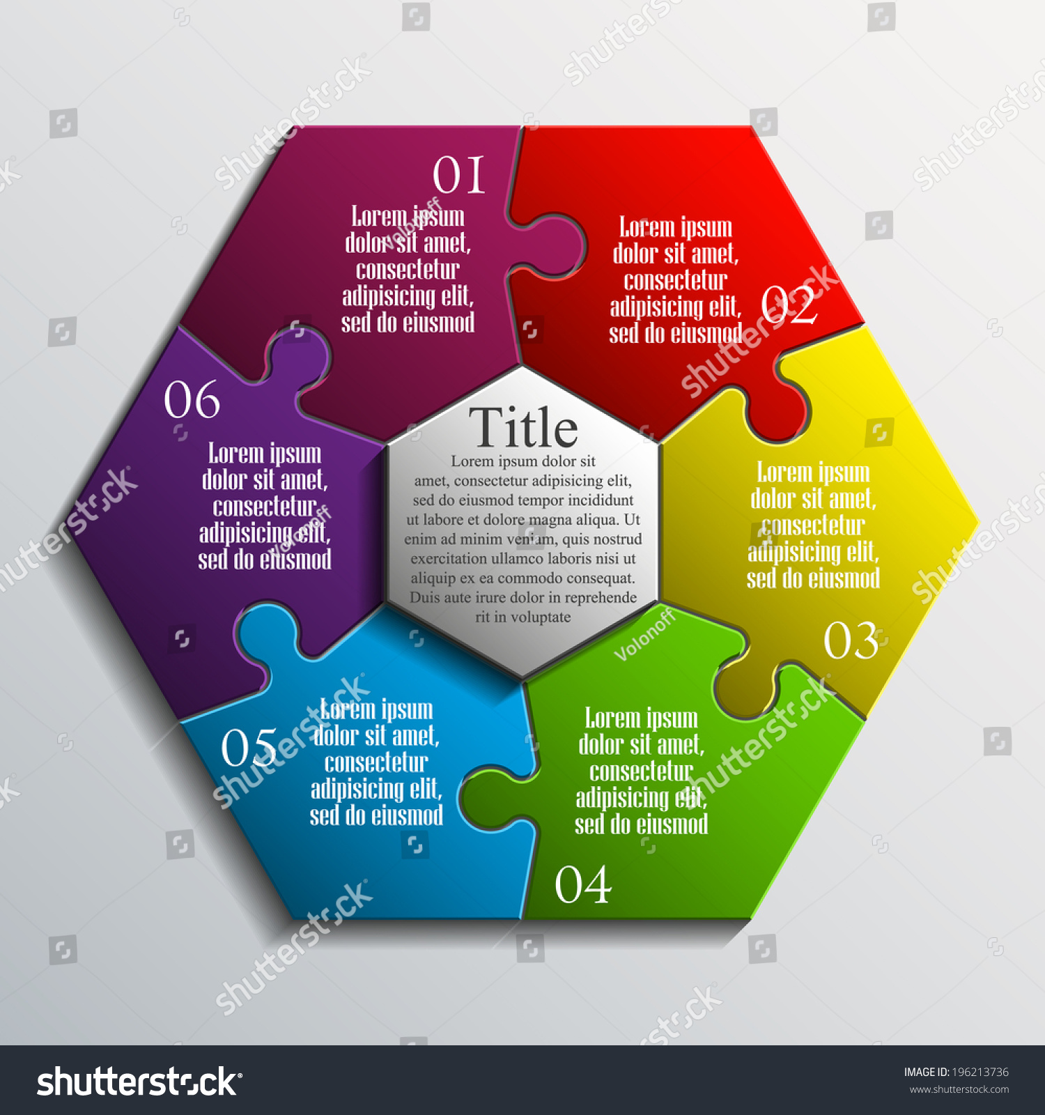 Hexagon Six Piece Flat Puzzle Infographic Presentation. 6 Step Circle ...