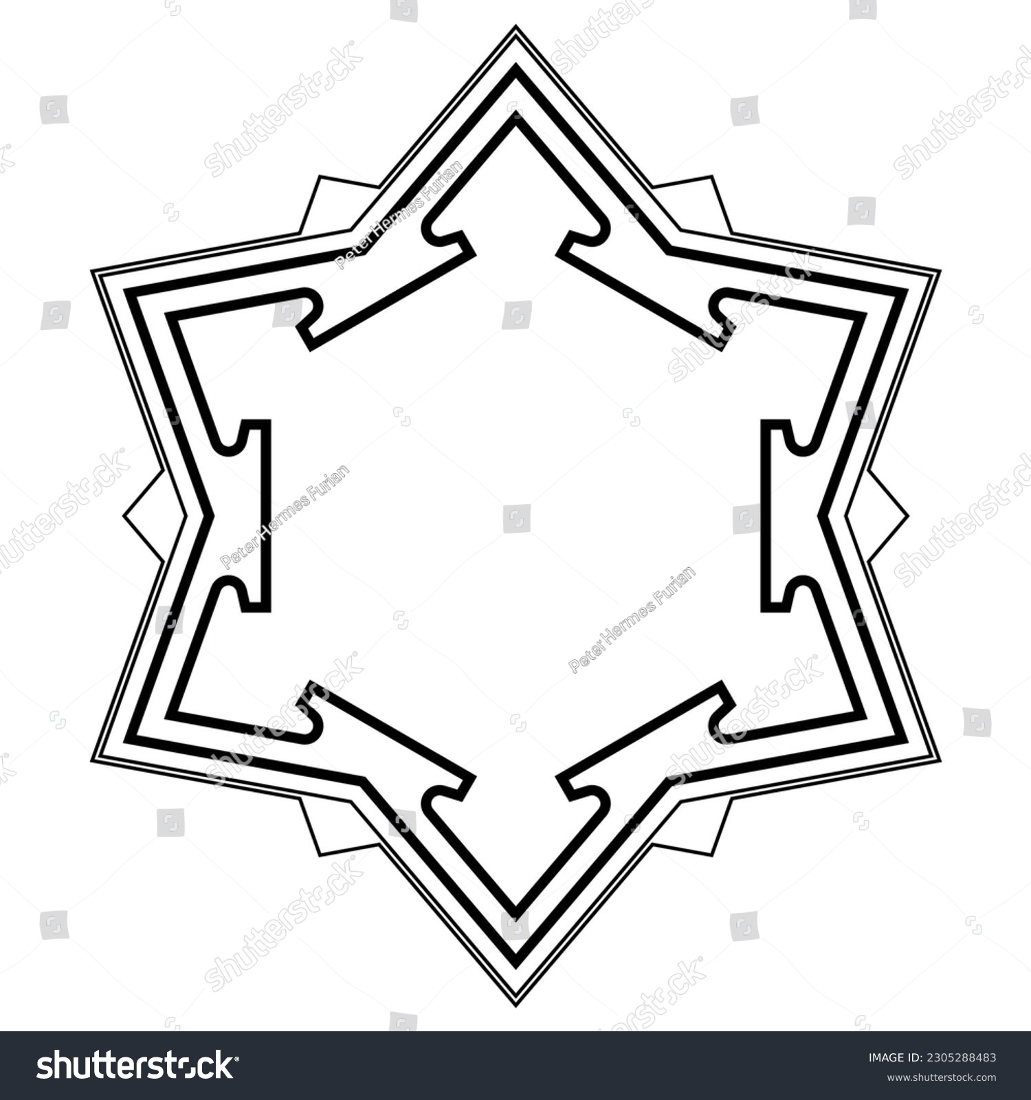 SVG of Hexagonal bastion fort pattern. Plan and basic structure of outer walls of a six pointed star fort, with ravelins, the triangular fortifications and detached outworks, placed opposite a curtain wall. svg