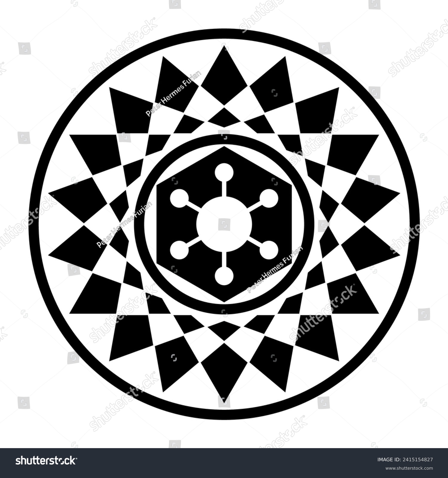 SVG of Hexagram shaped crop circle pattern. Hexagonal forms in the center, surrounded by an 18-pointed star, consisting of triangles. Modeled on a corn circle pattern found 2023 near Devizes, Wiltshire. svg
