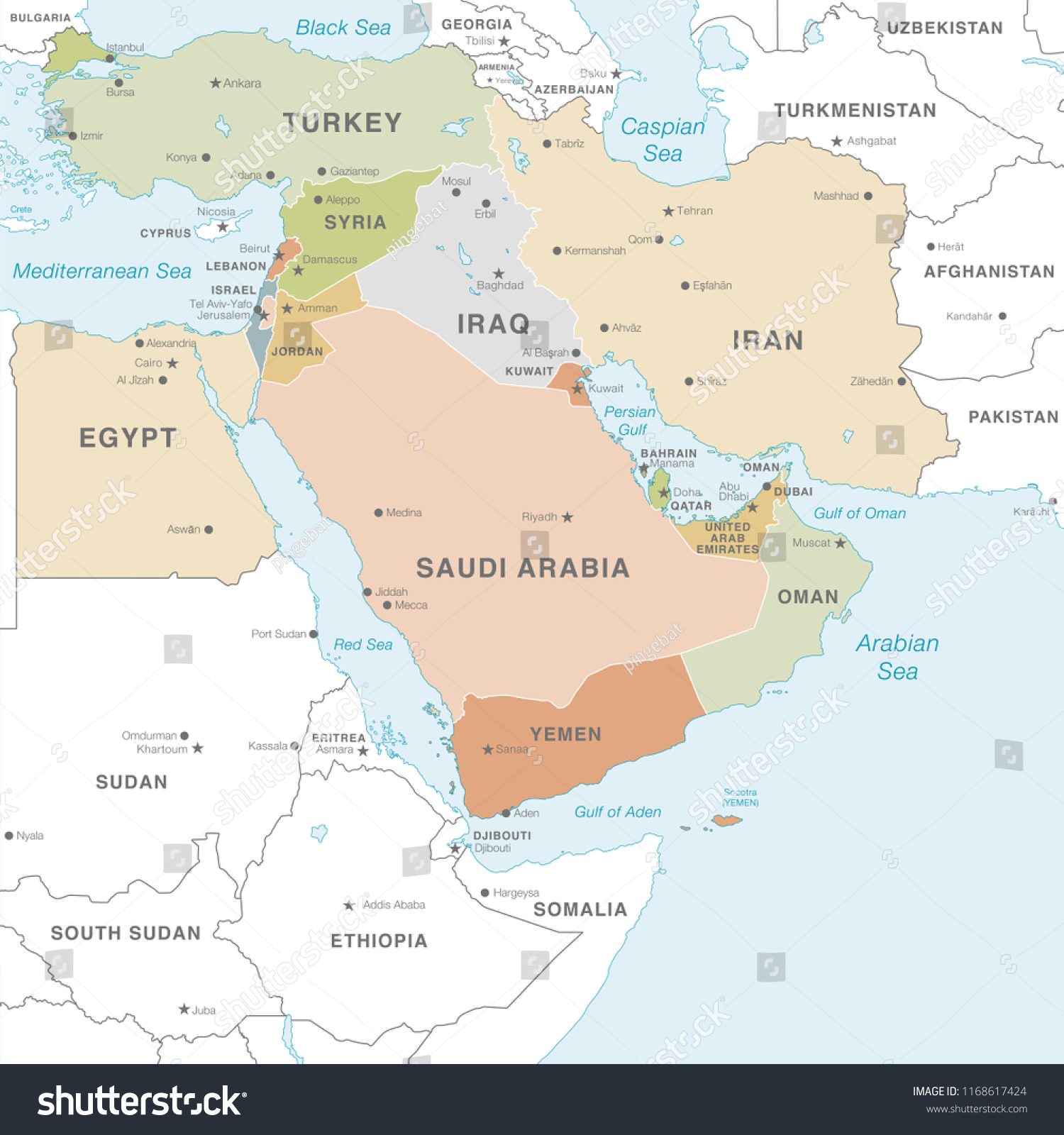 High Detail Map Middle East Zone Stock Vector (Royalty Free) 1168617424 ...