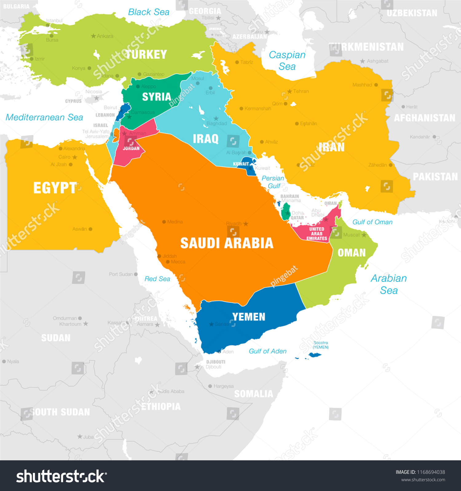High Detail Map Middle East Zone Stock Vector Royalty Free