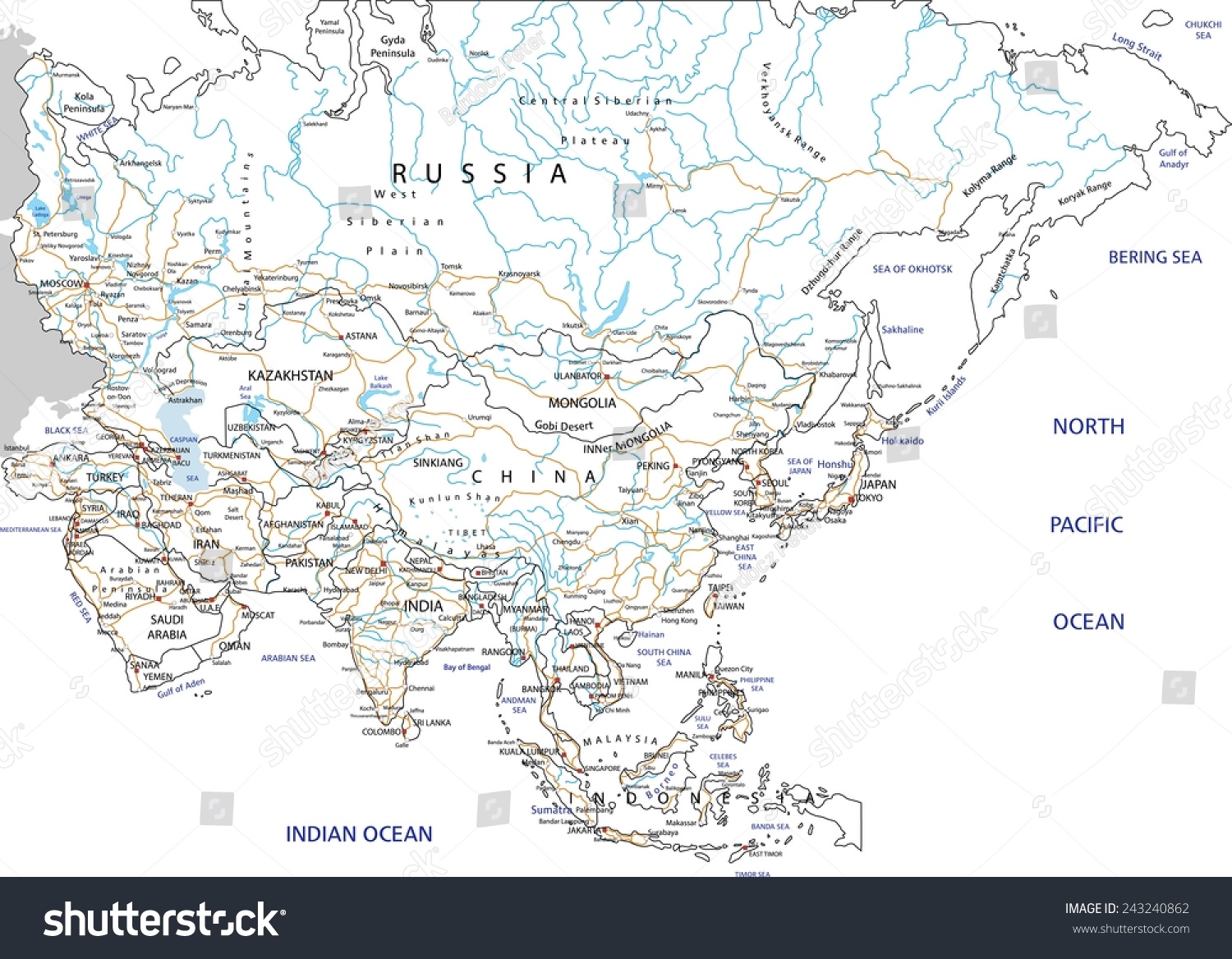 High Detailed Asia Road Map Labeling Stock Vector (Royalty Free ...