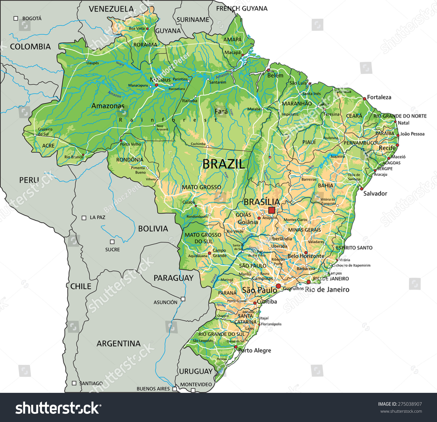 High Detailed Brazil Physical Map Labeling Stock Vector Royalty