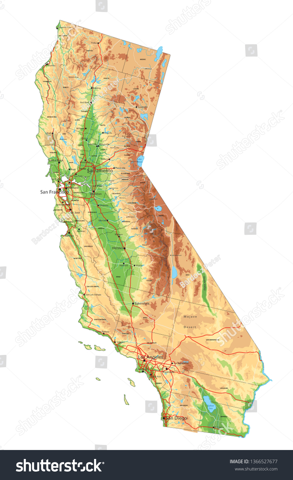 High Detailed California Physical Map Labeling Stock Vector Royalty Free 1366527677
