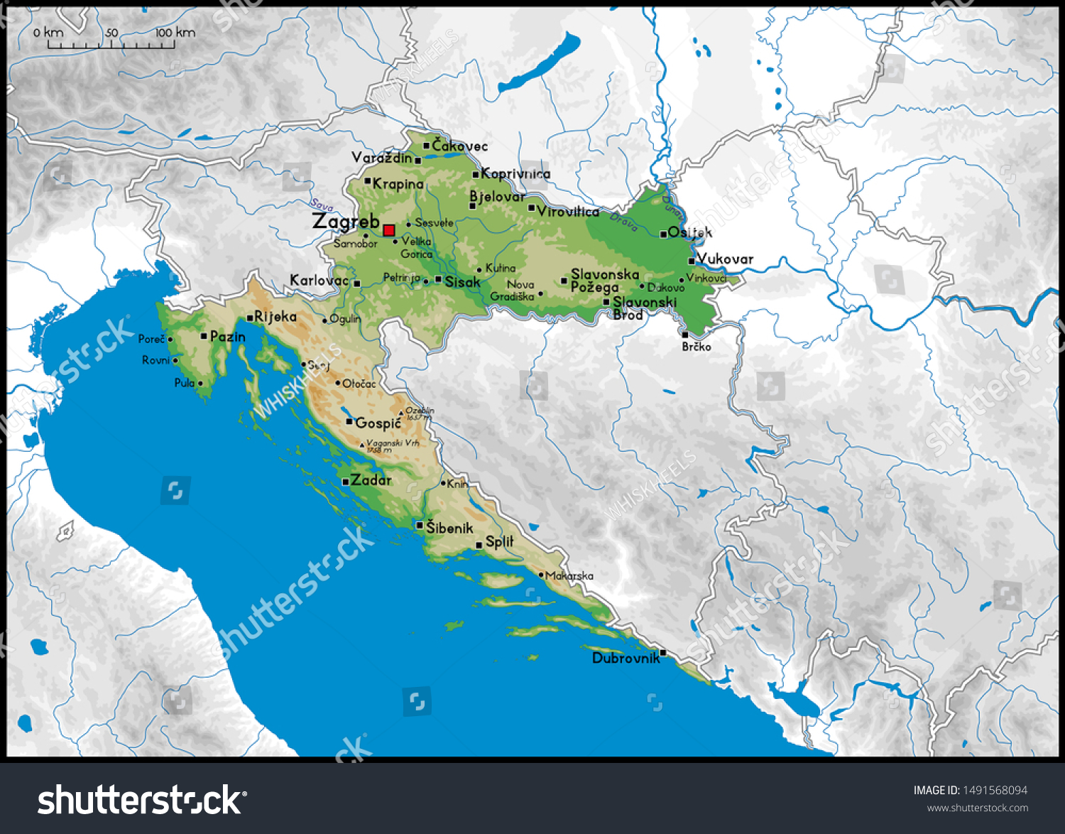 Vektor Stok High Detailed Croatia Physical Map Cities Tanpa Royalti Stock Vector High Detailed Croatia Physical Map With Cities Rivers Lakes And Topography Vector Illustration 1491568094