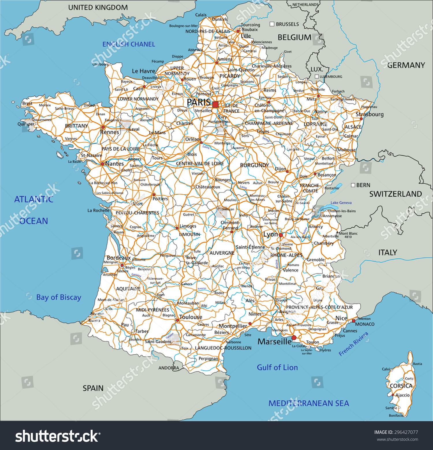 High Detailed France Road Map Labeling Stock Vector Royalty Free