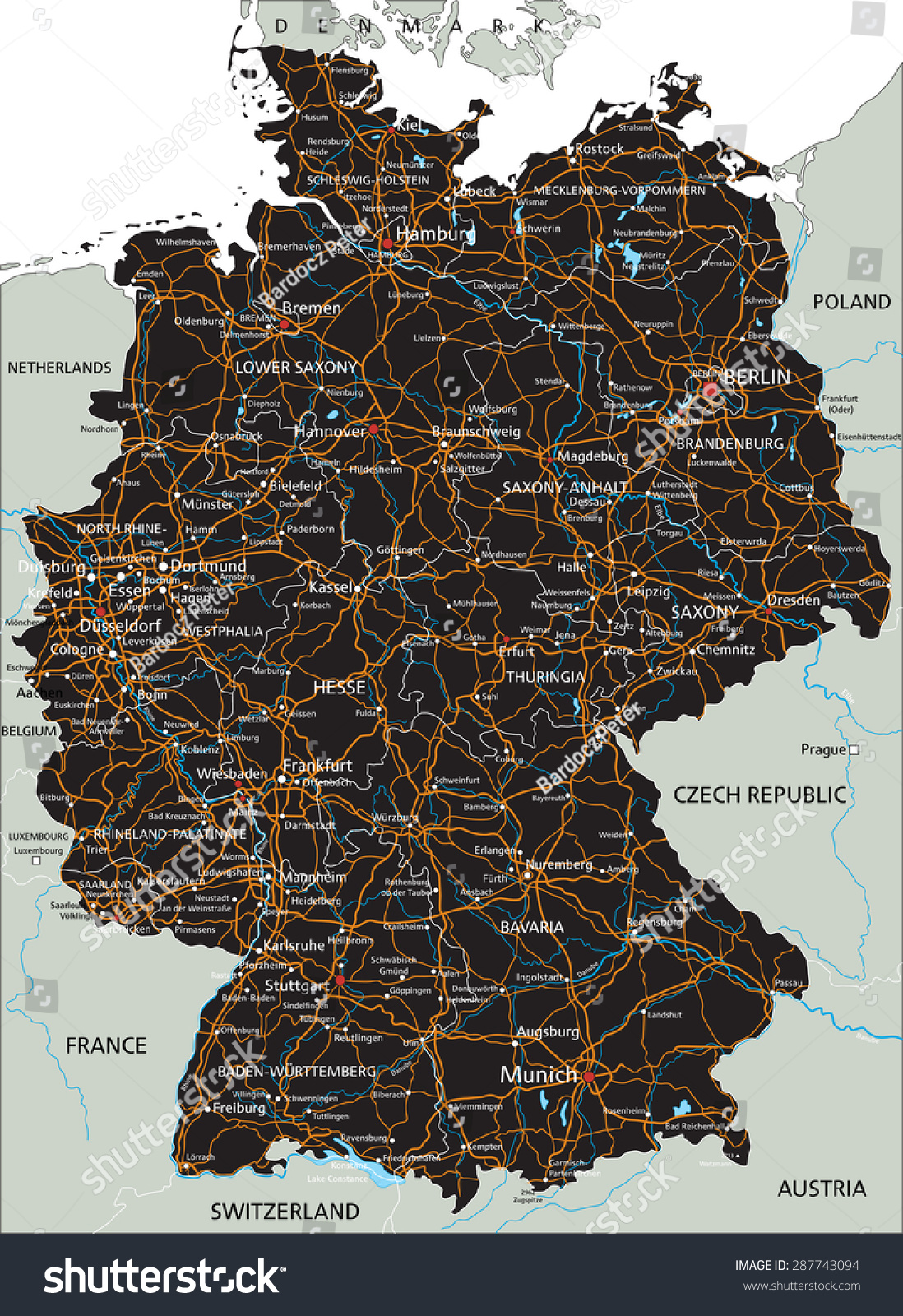 High Detailed Germany Road Map Labeling Stock Vector 287743094 ...