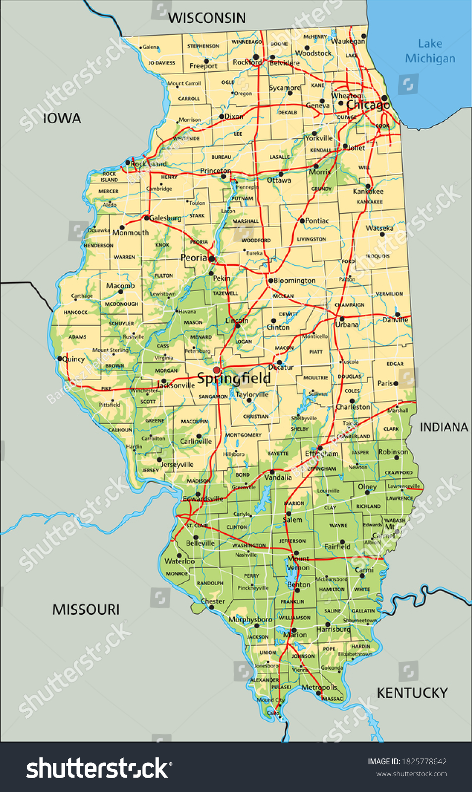 SVG of High detailed Illinois physical map with labeling. svg