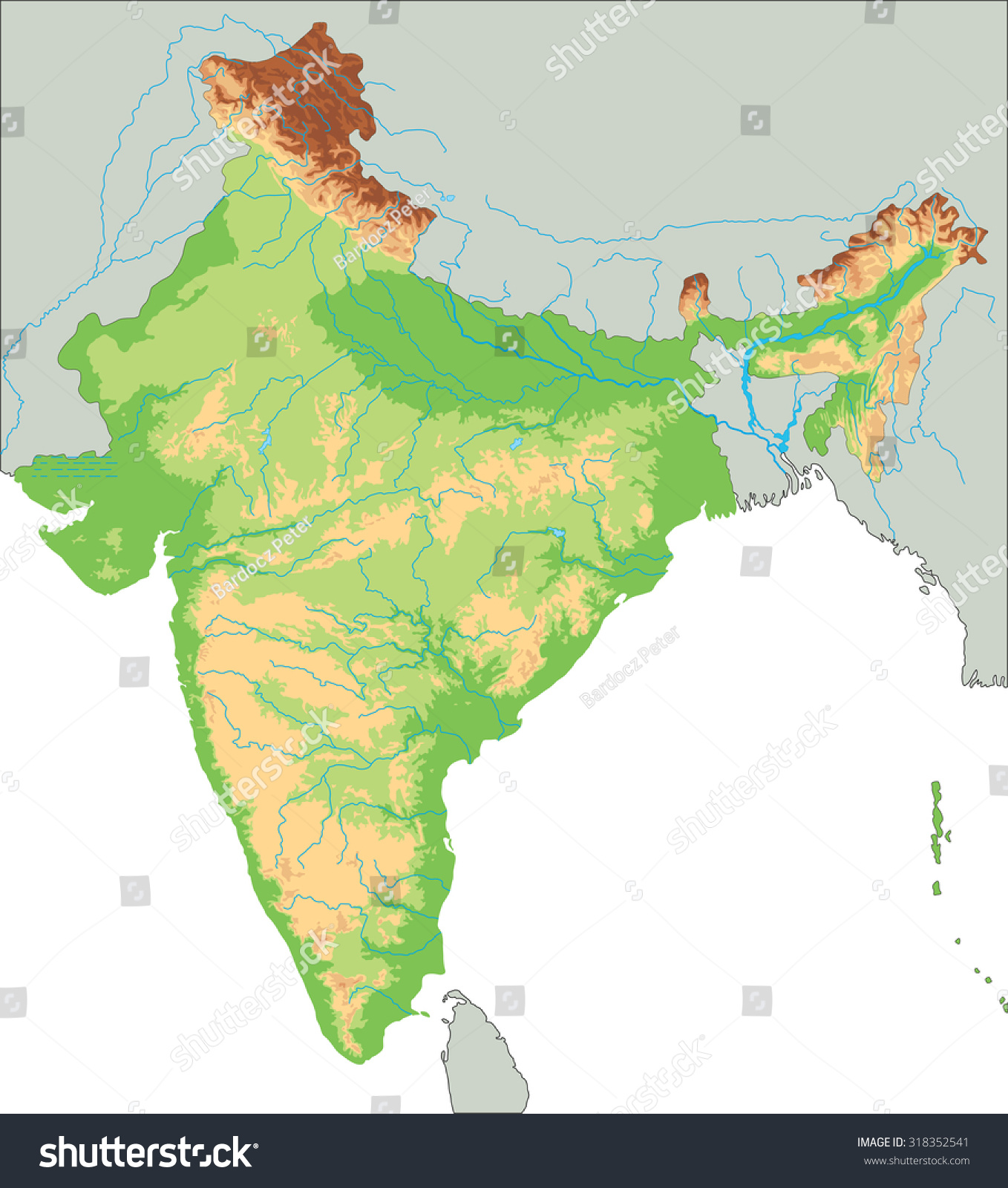 High Detailed India Physical Map Stock Vector (Royalty Free) 318352541 ...