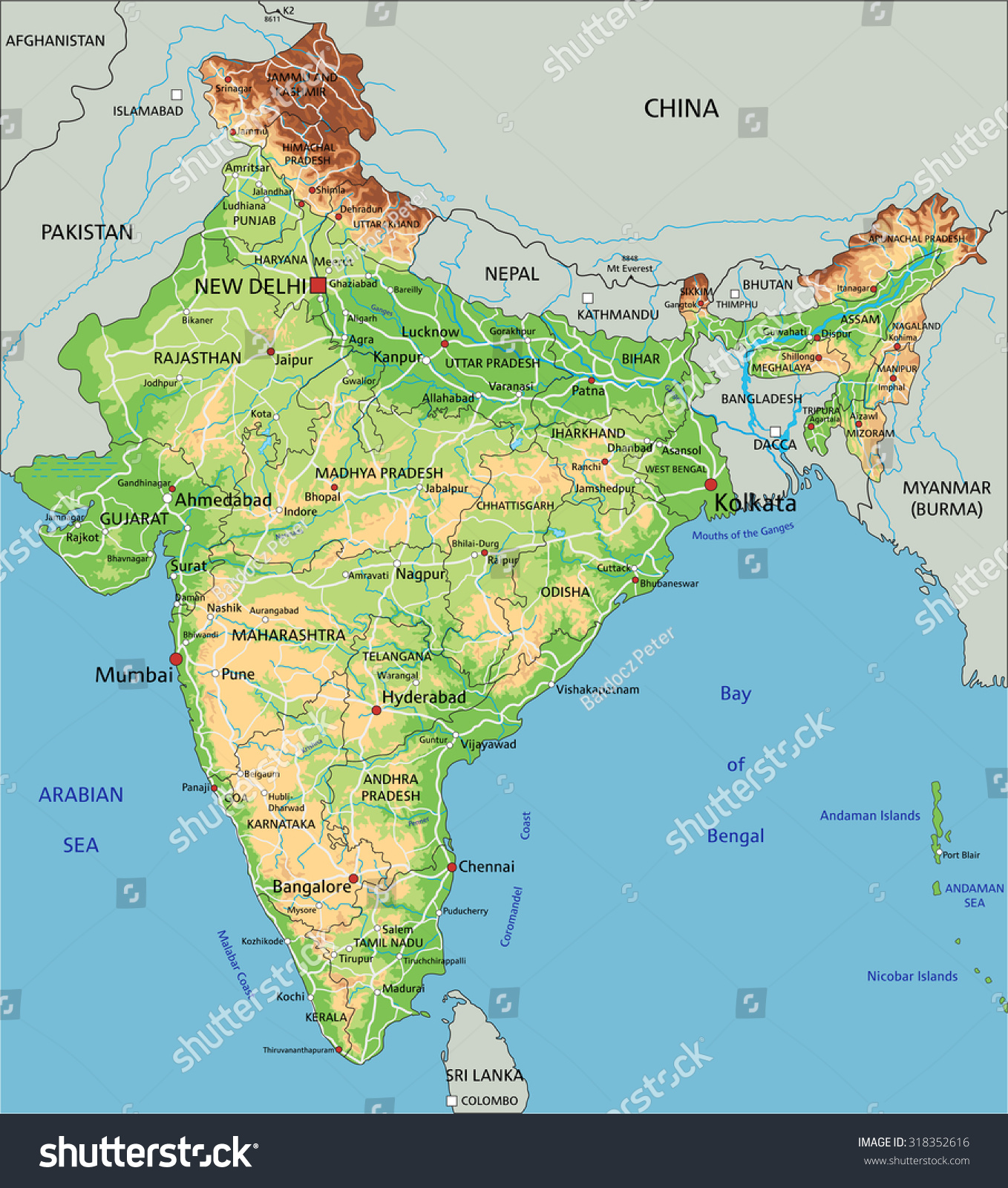 India Map Physical Map High Detailed India Physical Map Labeling Stock Vector (Royalty Free)  318352616 | Shutterstock