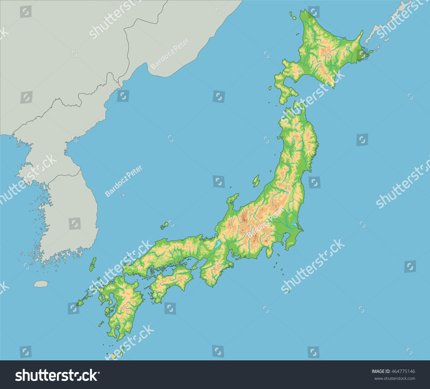 High Detailed Japan Physical Map Stock Vector 464775146 ...