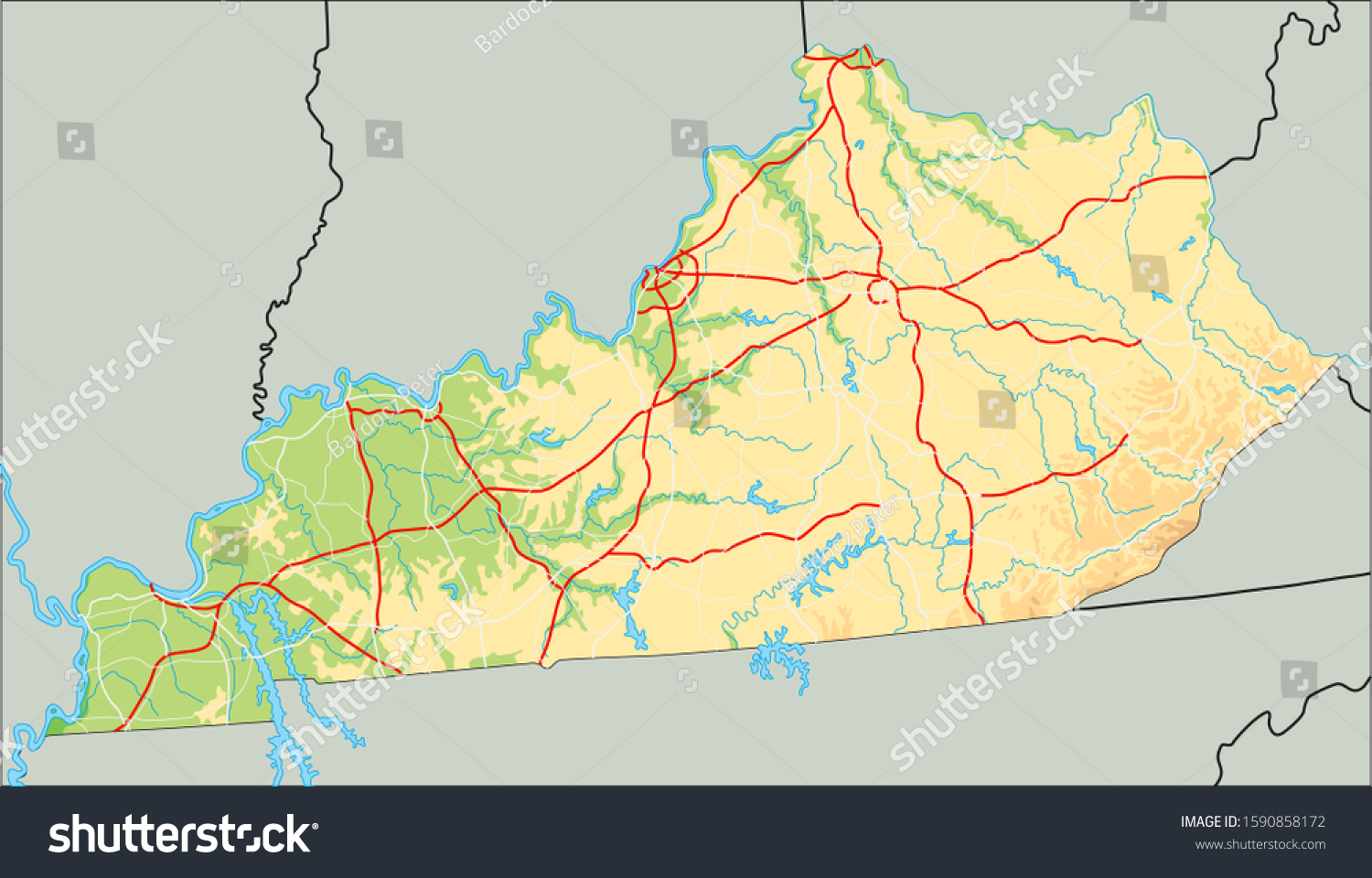 High Detailed Kentucky Physical Map Vector C S N Mi N Ph B N Quy N   Stock Vector High Detailed Kentucky Physical Map 1590858172 