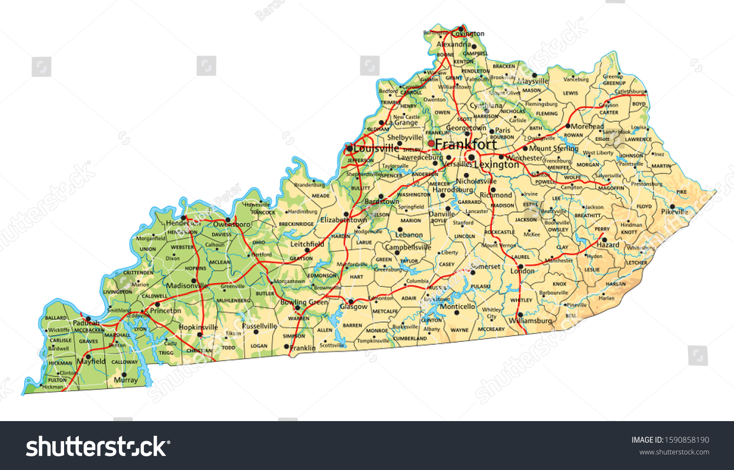 High Detailed Kentucky Physical Map Labeling   Stock Vector High Detailed Kentucky Physical Map With Labeling 1590858190 