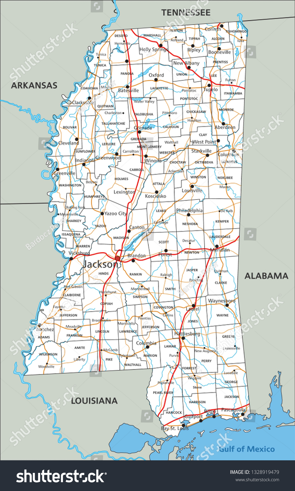 High Detailed Mississippi Road Map Labeling   Stock Vector High Detailed Mississippi Road Map With Labeling 1328919479 