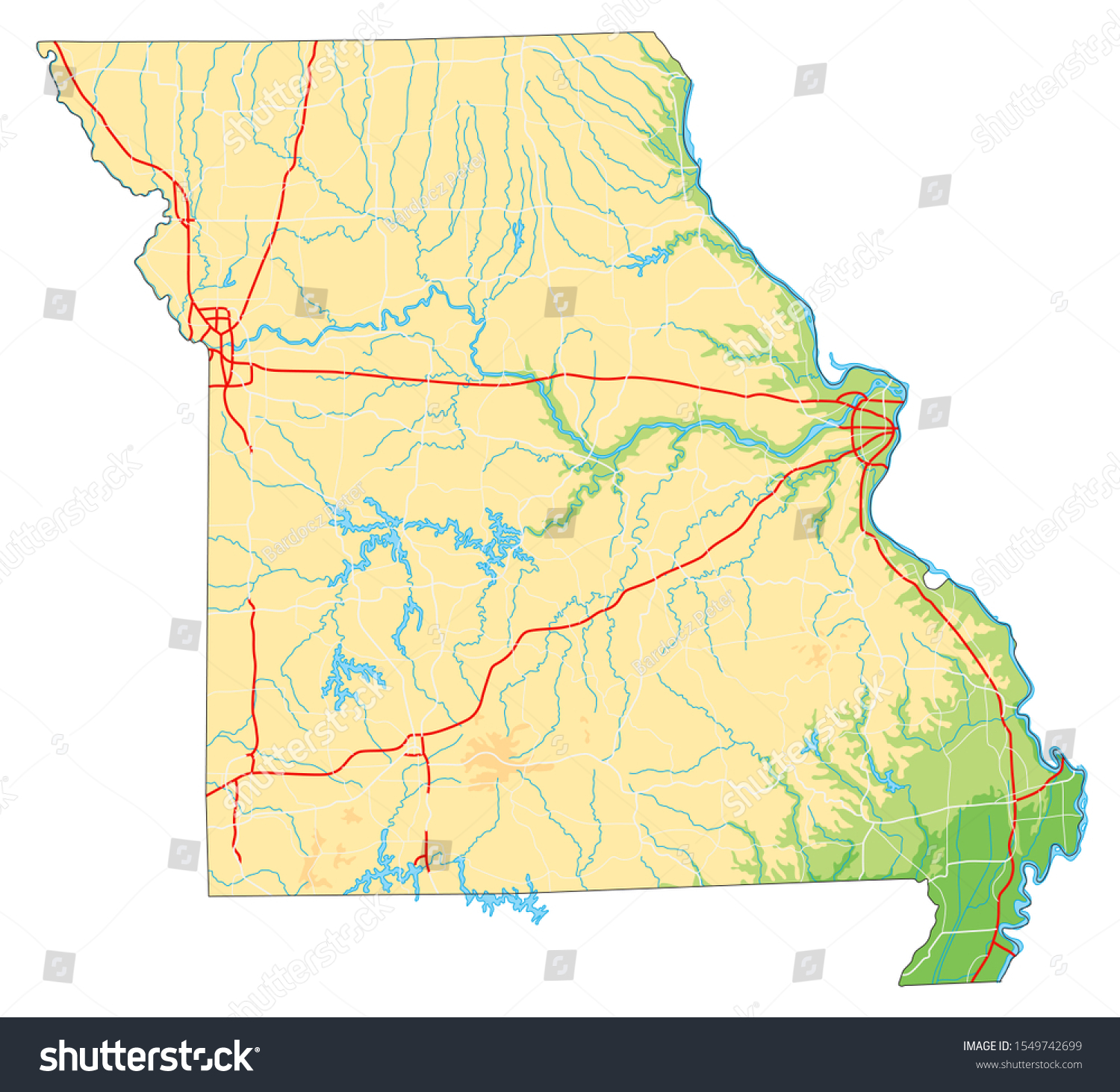 Physical Map Of Missouri High Detailed Missouri Physical Map Stock Vector (Royalty Free) 1549742699  | Shutterstock