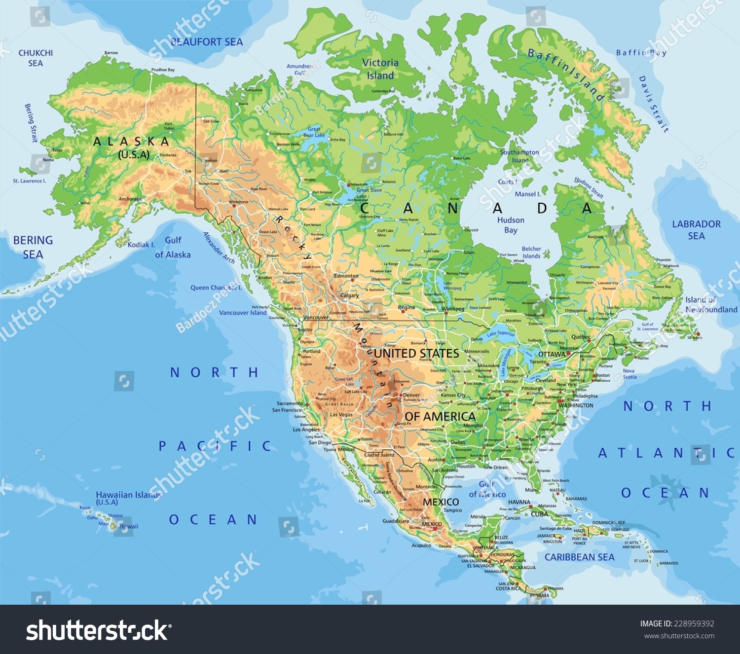 High Detailed North America Physical Map Stock Vector Royalty