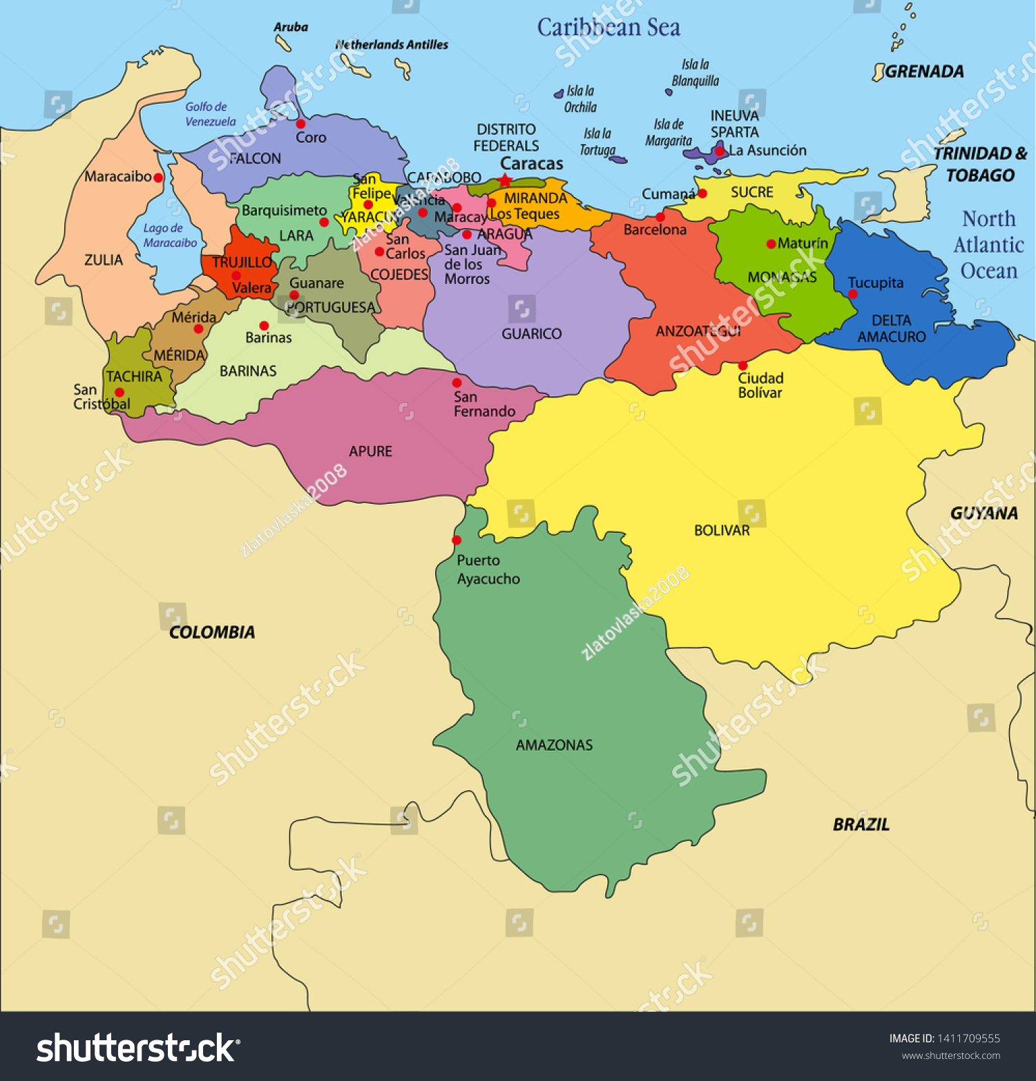 High Detailed Political Map Venezuela Regions Stock Vector (Royalty ...