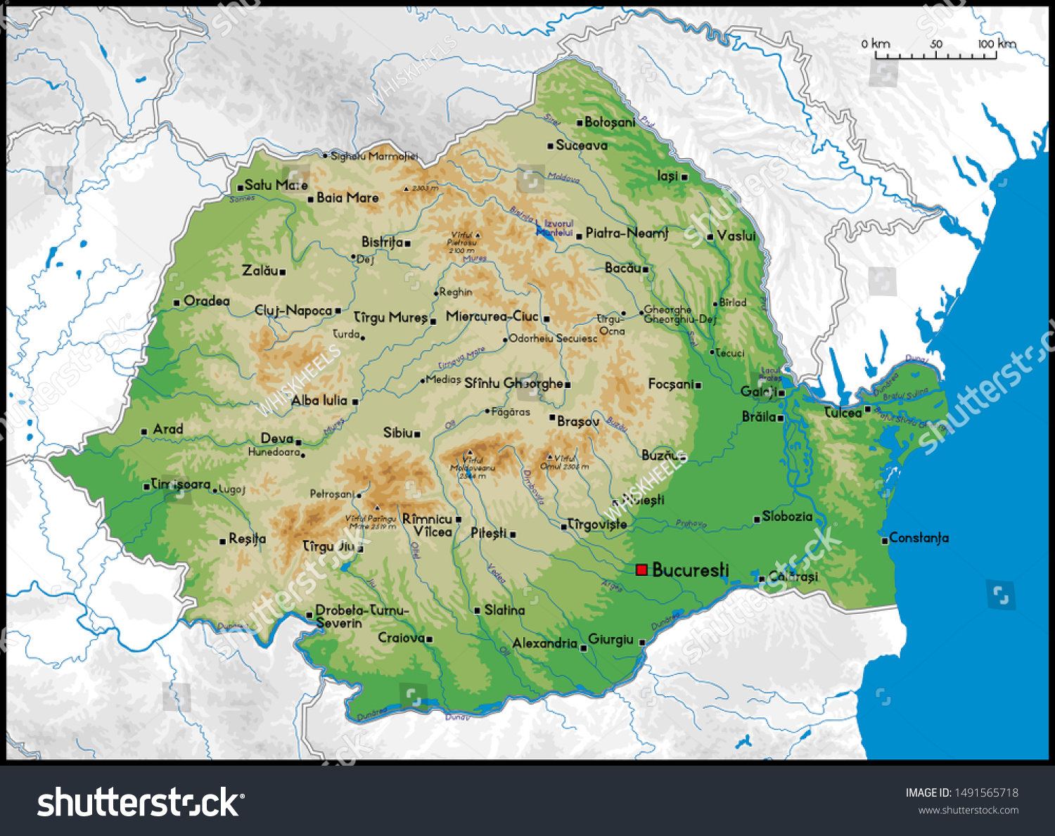 High Detailed Romania Physical Map Cities Stock Vector Royalty Free