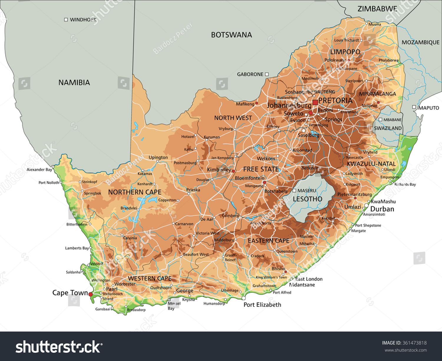 High Detailed South Africa Physical Map Stock Vector (Royalty Free ...