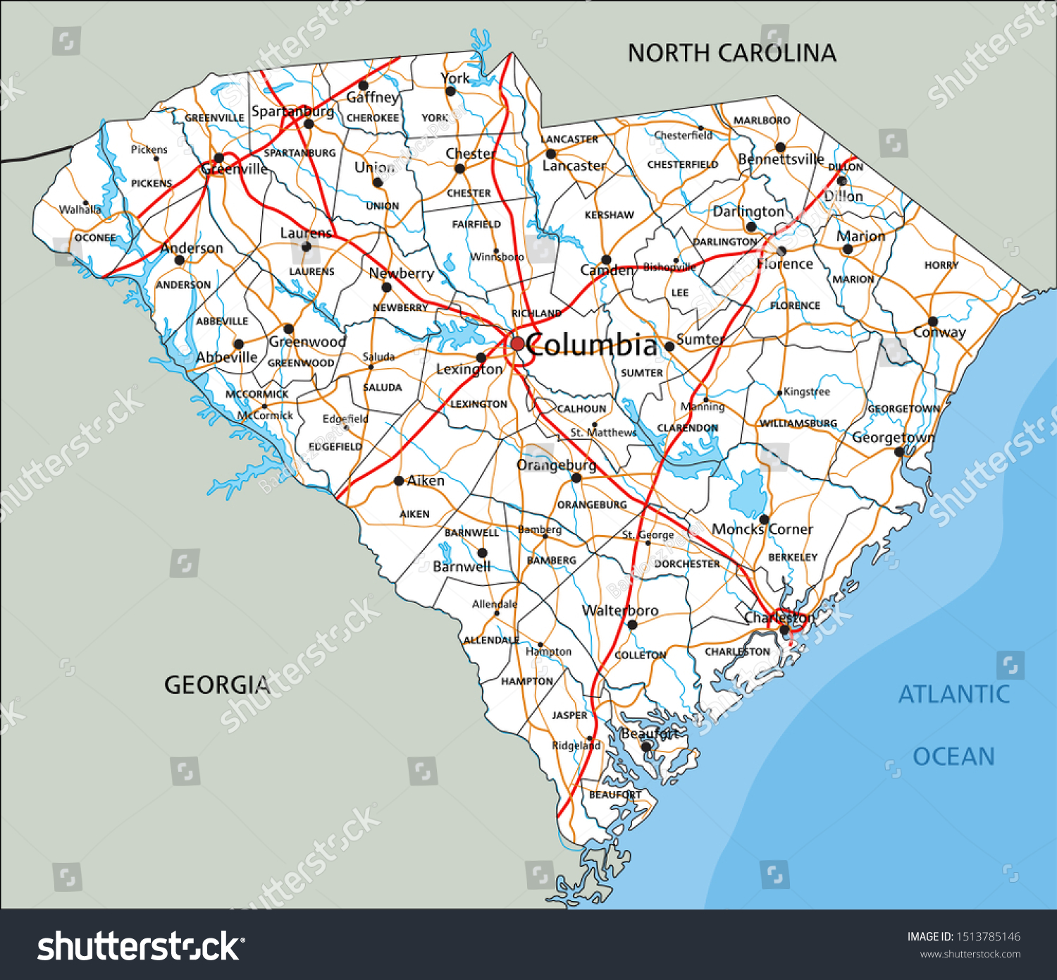 High Detailed South Carolina Road Map Stock Vector (Royalty Free ...