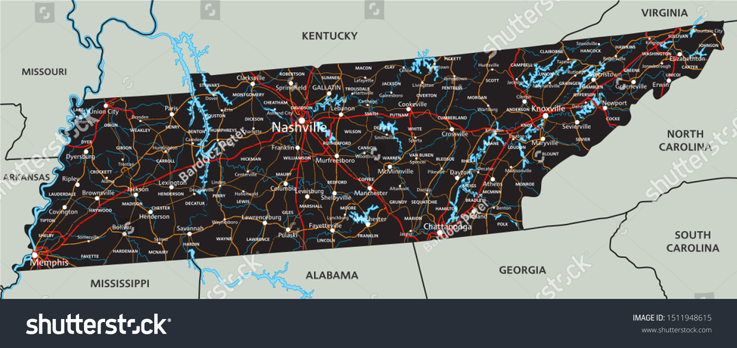 High Detailed Tennessee Road Map Labeling Stock Vector (royalty Free 