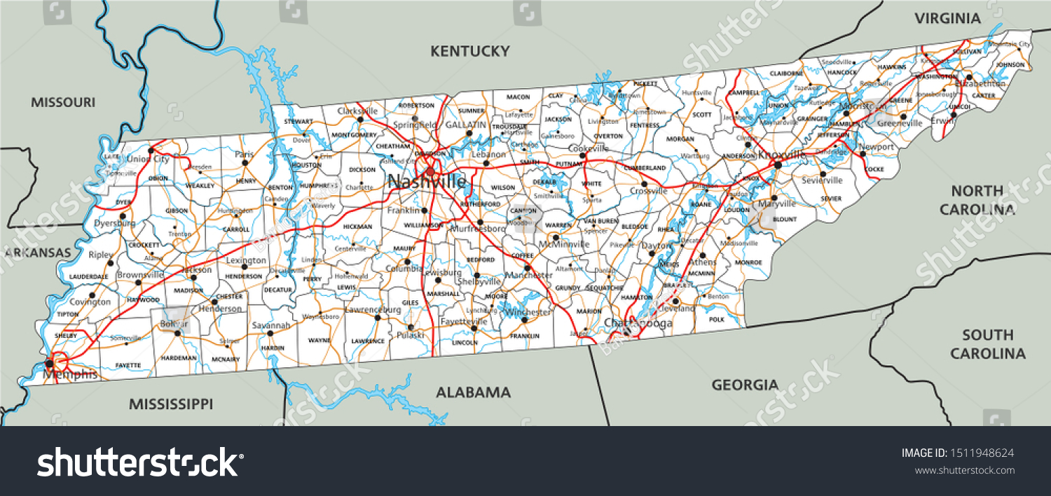 High Detailed Tennessee Road Map Labeling Stock Vector (royalty Free 