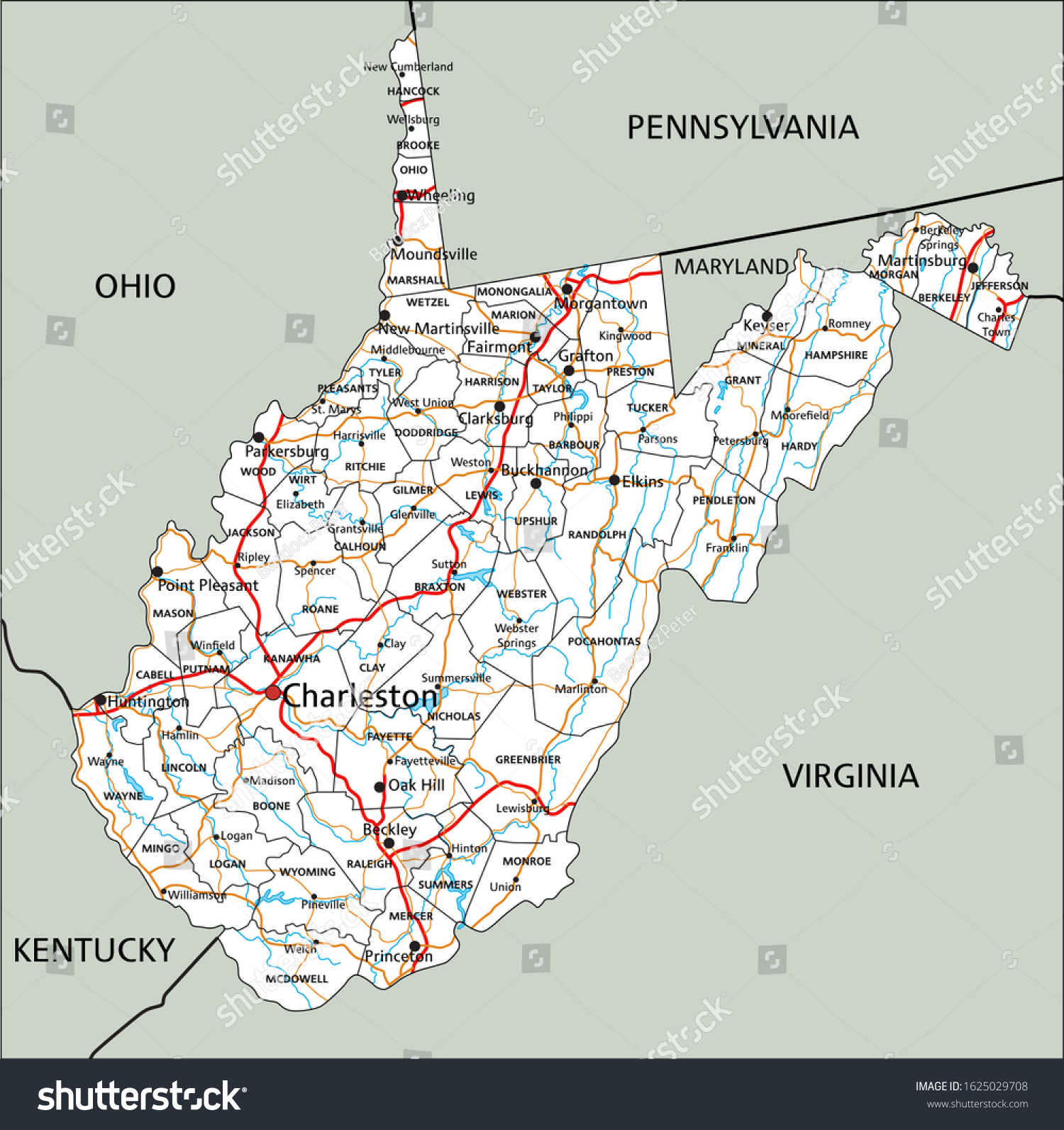 High Detailed West Virginia Road Map Stock Vector (Royalty Free) 1625029708