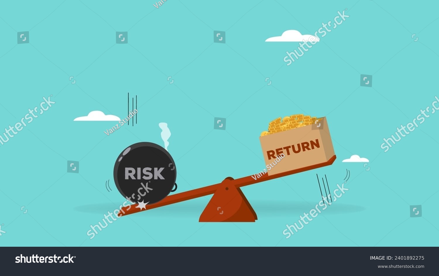 SVG of high risk high return business investment concept illustration, investor risk appetite in securities and investment asset to get high reward, The weight on seesaw creates a box of dollar prize money svg