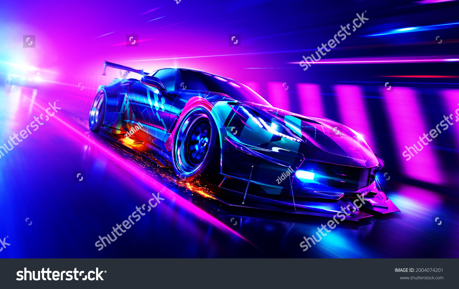 SVG of High speed luxury sport driving in the city - futuristic car concept (with grunge overlay) generic and brand less - 3d illustration svg