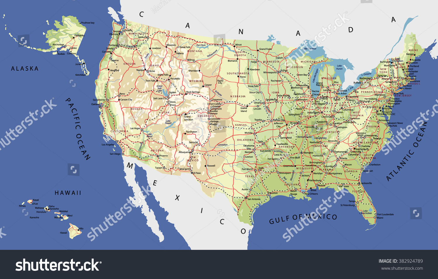 Highly Detailed Map United States Cities Stock Vector Royalty
