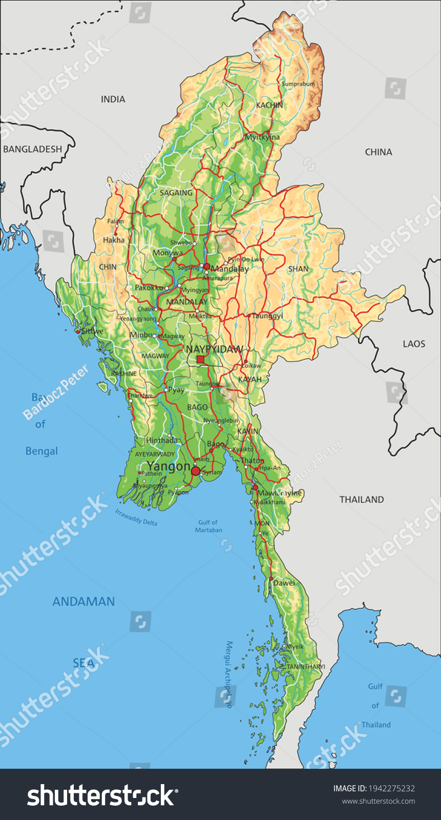 Highly Detailed Myanmar Physical Map Labeling Stock Vector (Royalty ...